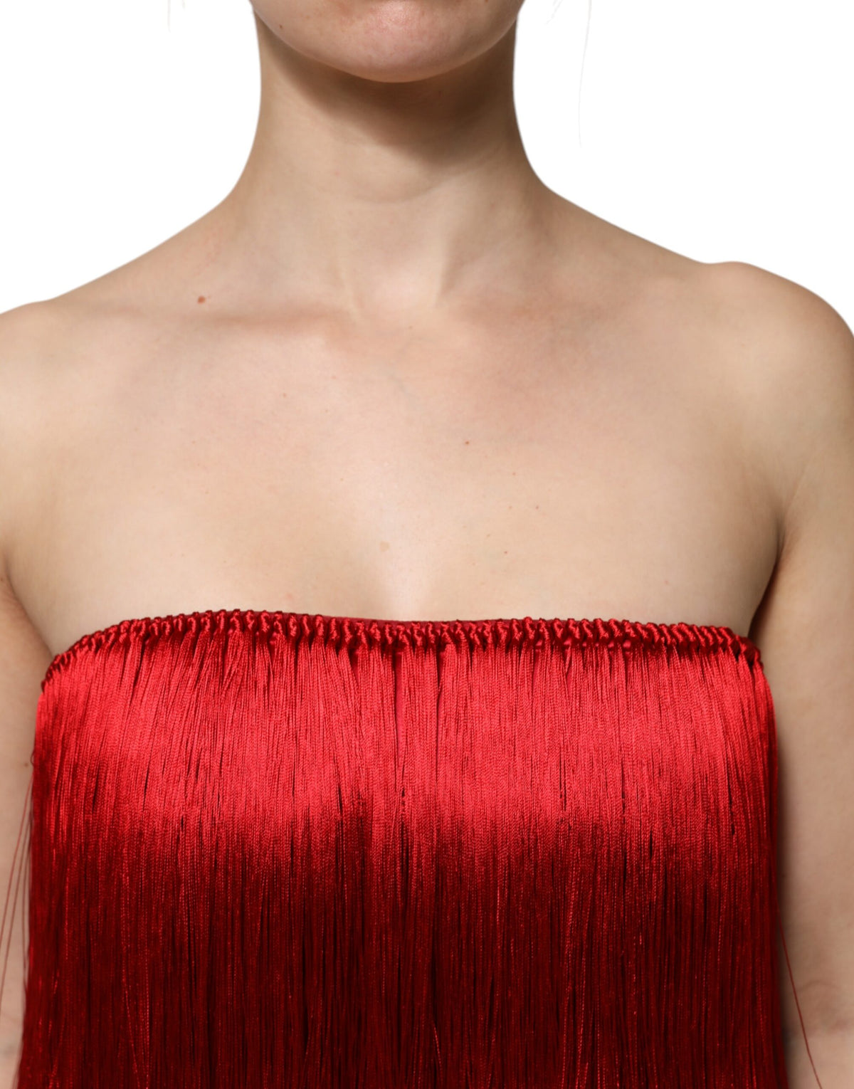 Dolce & Gabbana Red Silk Strapless Fringe Crop Top