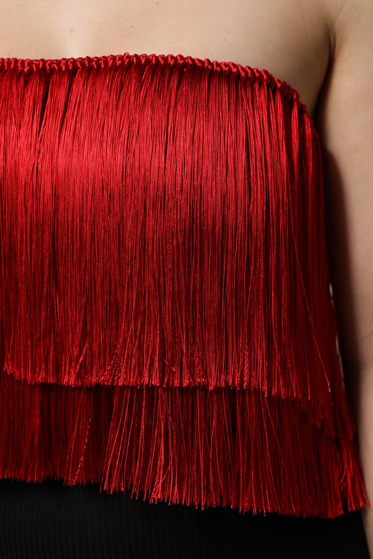 Dolce & Gabbana Red Silk Strapless Fringe Crop Top