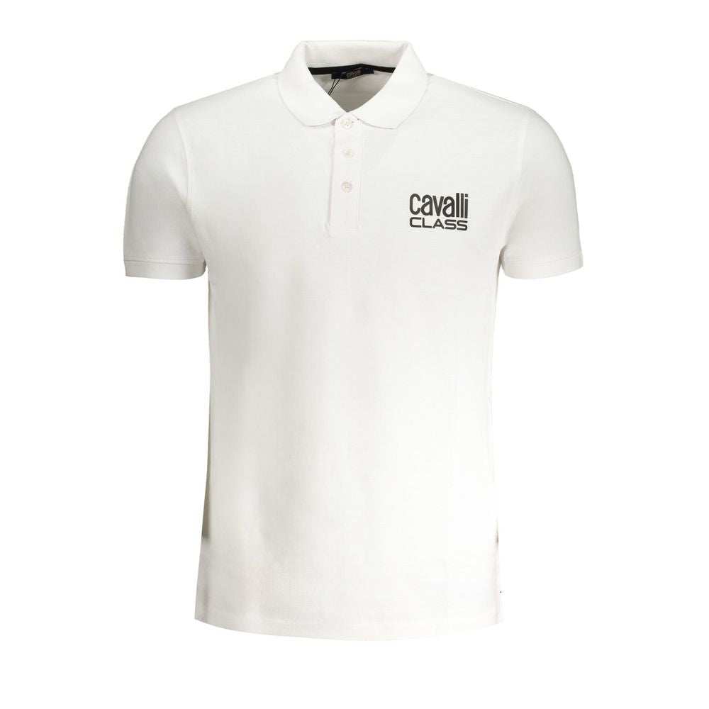 Cavalli Class weißes Baumwoll-Poloshirt mit kurzem Ärmel, Knöpfen und Logo-Druck
