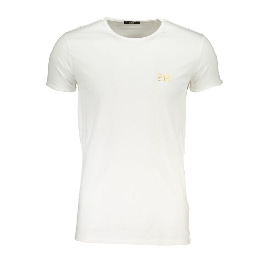 Cavalli Class Weißes Herren-T-Shirt aus Baumwolle mit Rundhalsausschnitt und Logo Druck