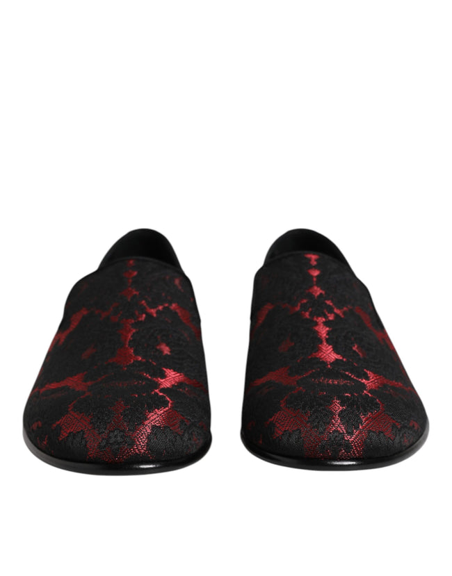 Dolce & Gabbana Rot Schwarz Jacquard Slip On Loafers Schuhe