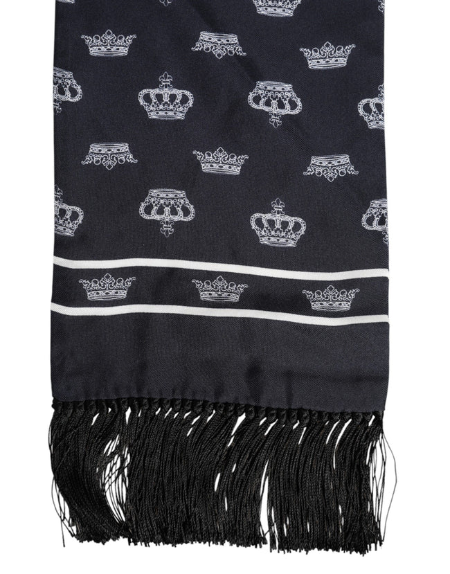 Dolce & Gabbana Schwarzer Seiden-Foulard mit Kronen-Print und Fransen für Herren