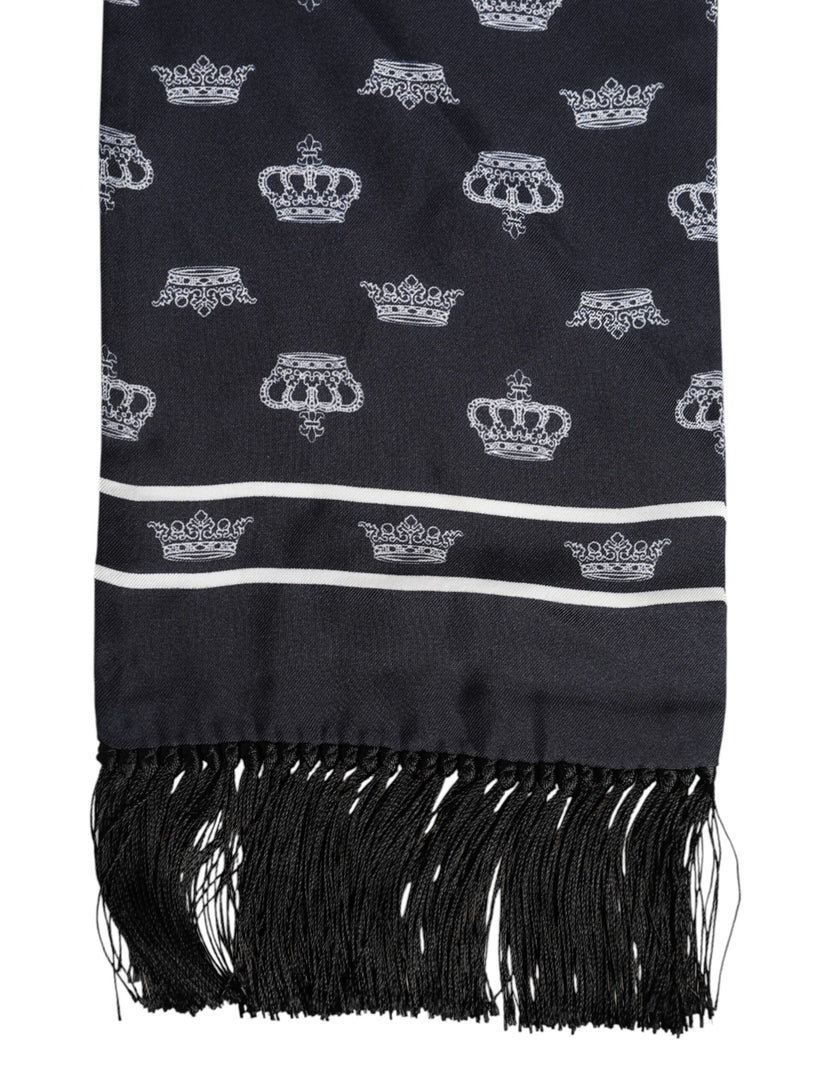 Dolce & Gabbana Schwarzer Seiden-Foulard mit Kronen-Print und Fransen für Herren