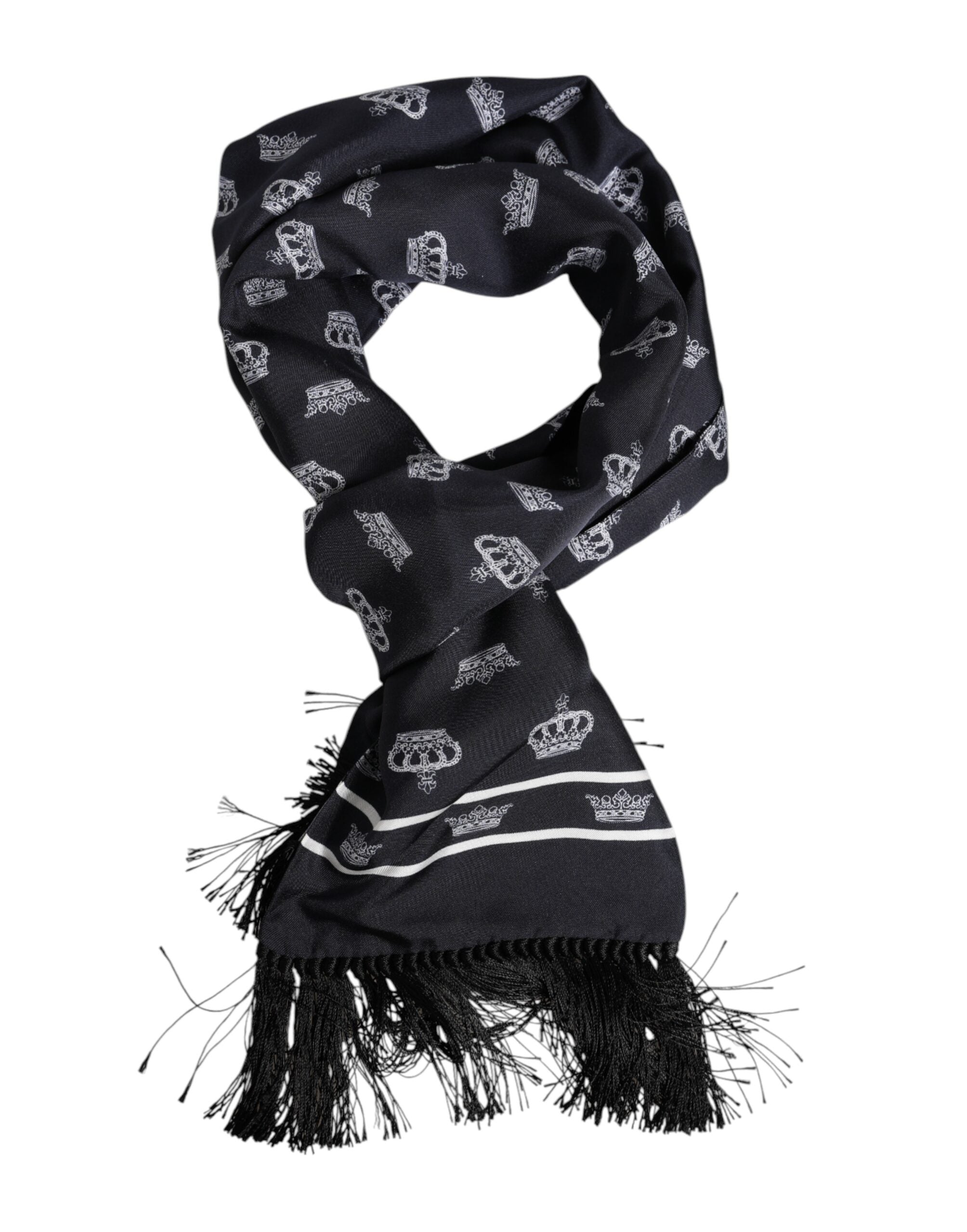 Dolce & Gabbana Schwarzer Seiden-Foulard mit Kronen-Print und Fransen für Herren