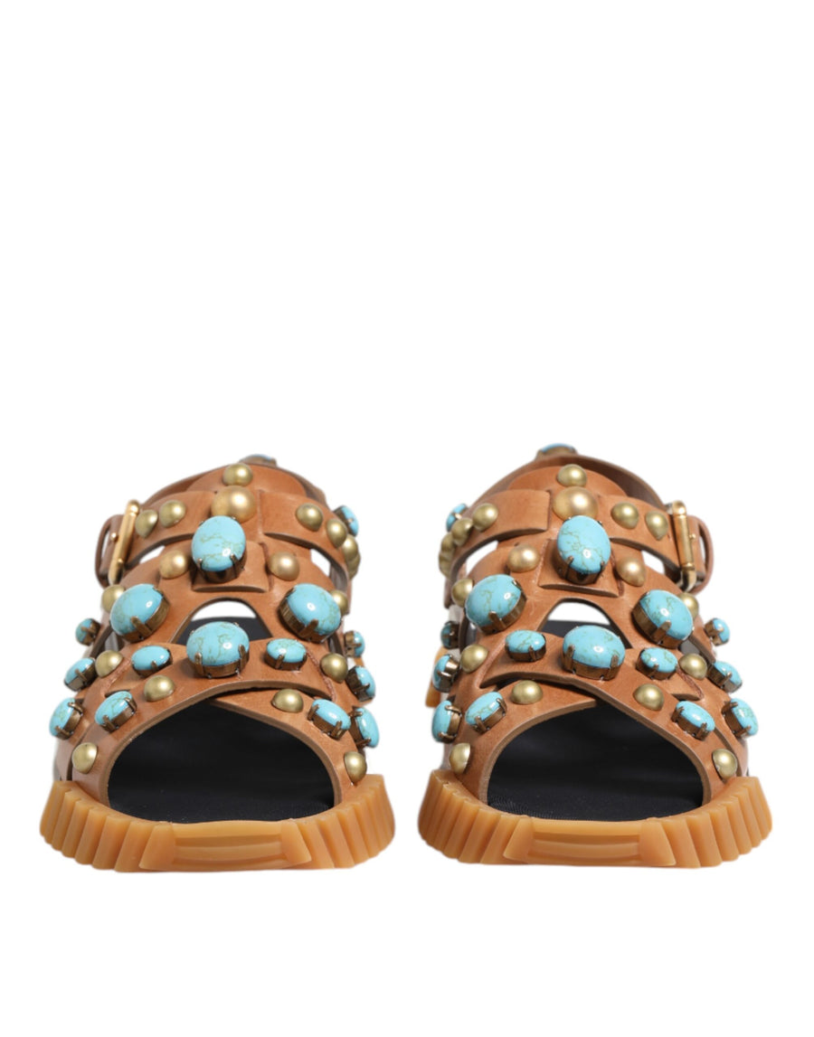 Dolce & Gabbana Brown Leather Studded Shoes Sandals