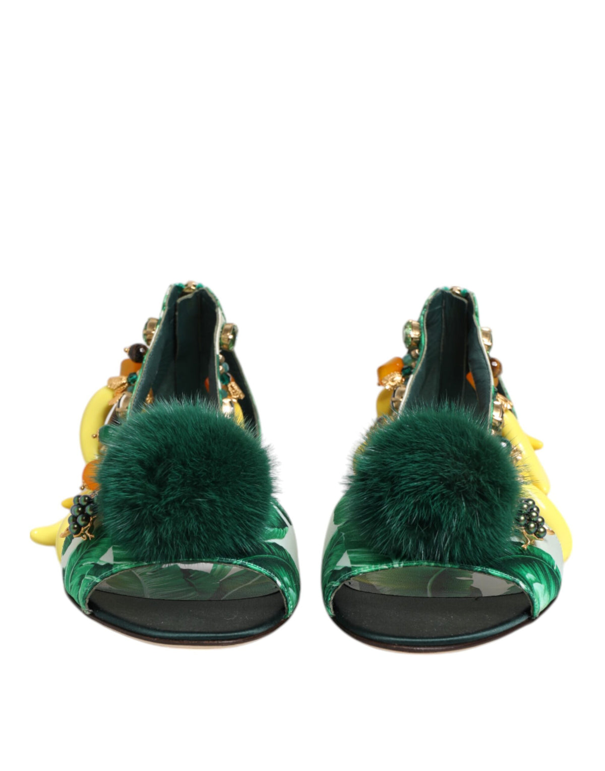 Dolce & Gabbana Grün Nerz Pelz Satin Bananenblatt Sandalen Schuhe