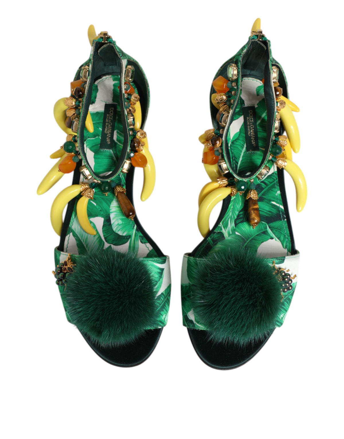 Dolce & Gabbana Grün Nerz Pelz Satin Bananenblatt Sandalen Schuhe