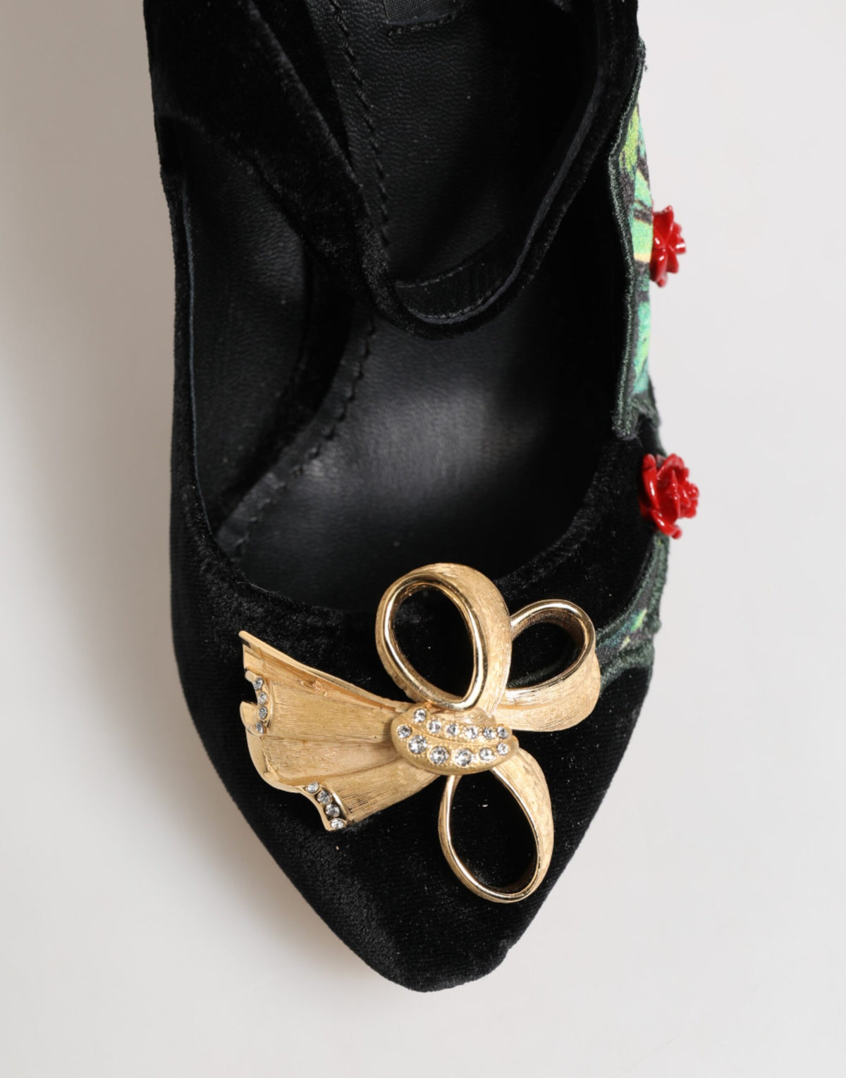 Dolce & Gabbana Schwarz Rosen Kristall Brosche Mary Jane Schuhe
