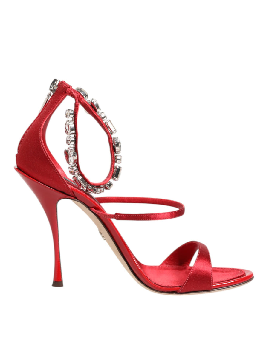 Dolce & Gabbana Red Satin Crystal Keira Sandals Heels Shoes