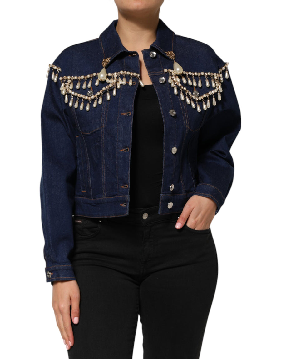 Dolce & Gabbana Blue Cotton Denim Jacket with Crystal Embellishment