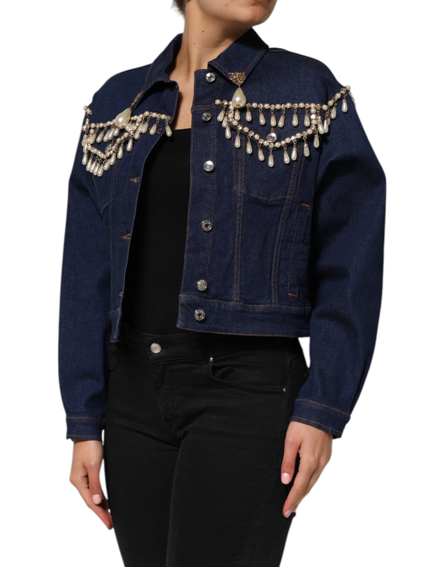 Dolce & Gabbana Blue Cotton Denim Jacket with Crystal Embellishment