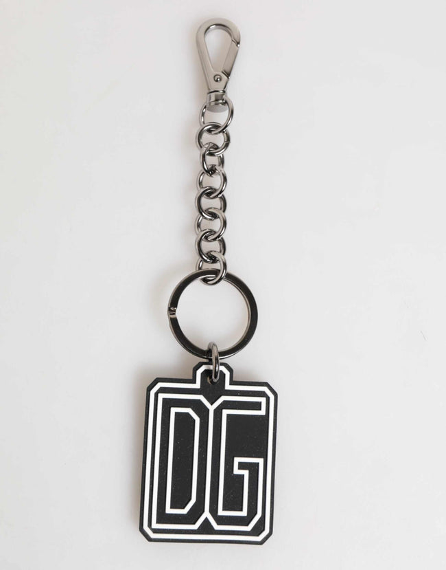 Dolce & Gabbana Schlüsselanhänger schwarz weiß mit silbernem DG-Logo und Metallbeschlägen