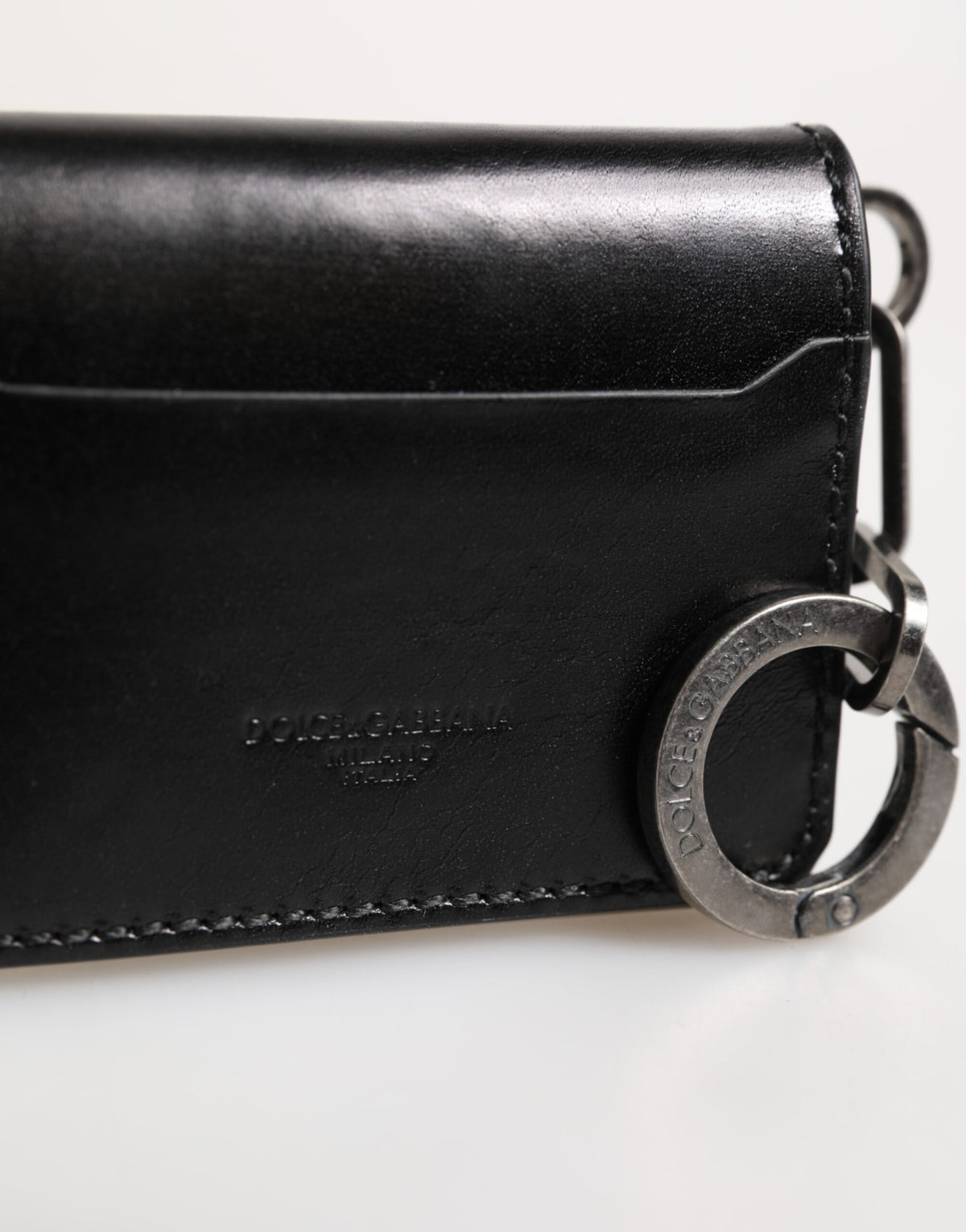 Dolce & Gabbana Wallet Black Leather with Logo Embossing Keyring Card Holder Wallet