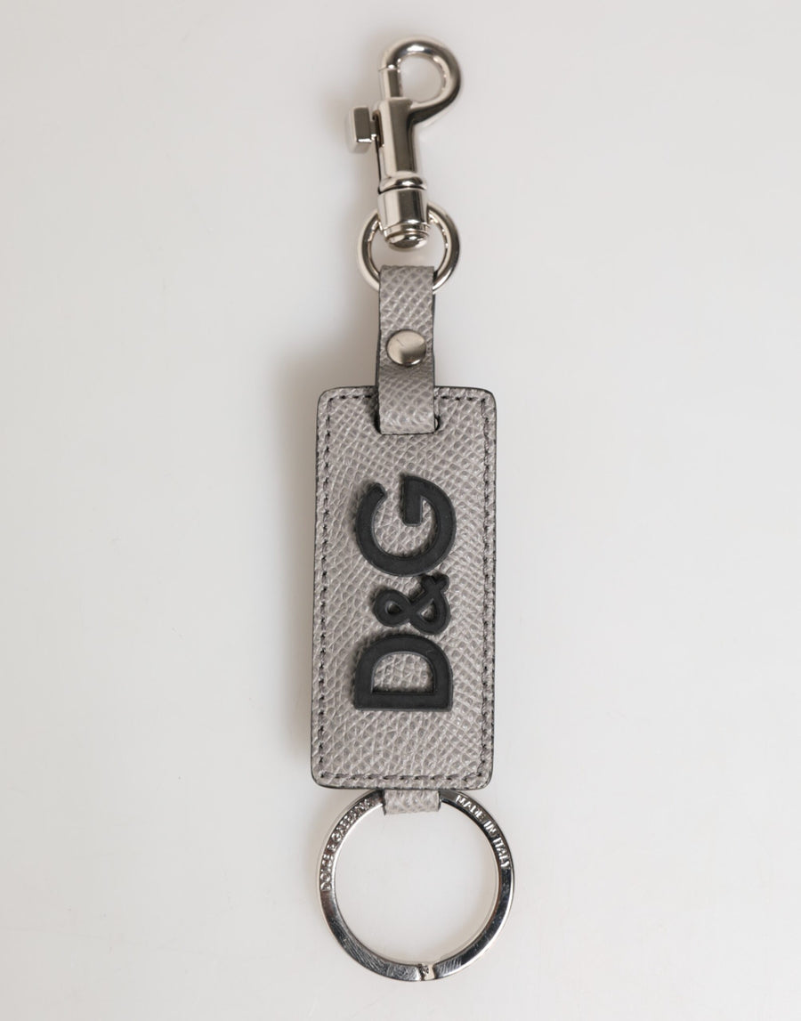 Dolce & Gabbana Gray Leather Logo Metal Ring Keychain Holder Men's Keyring
