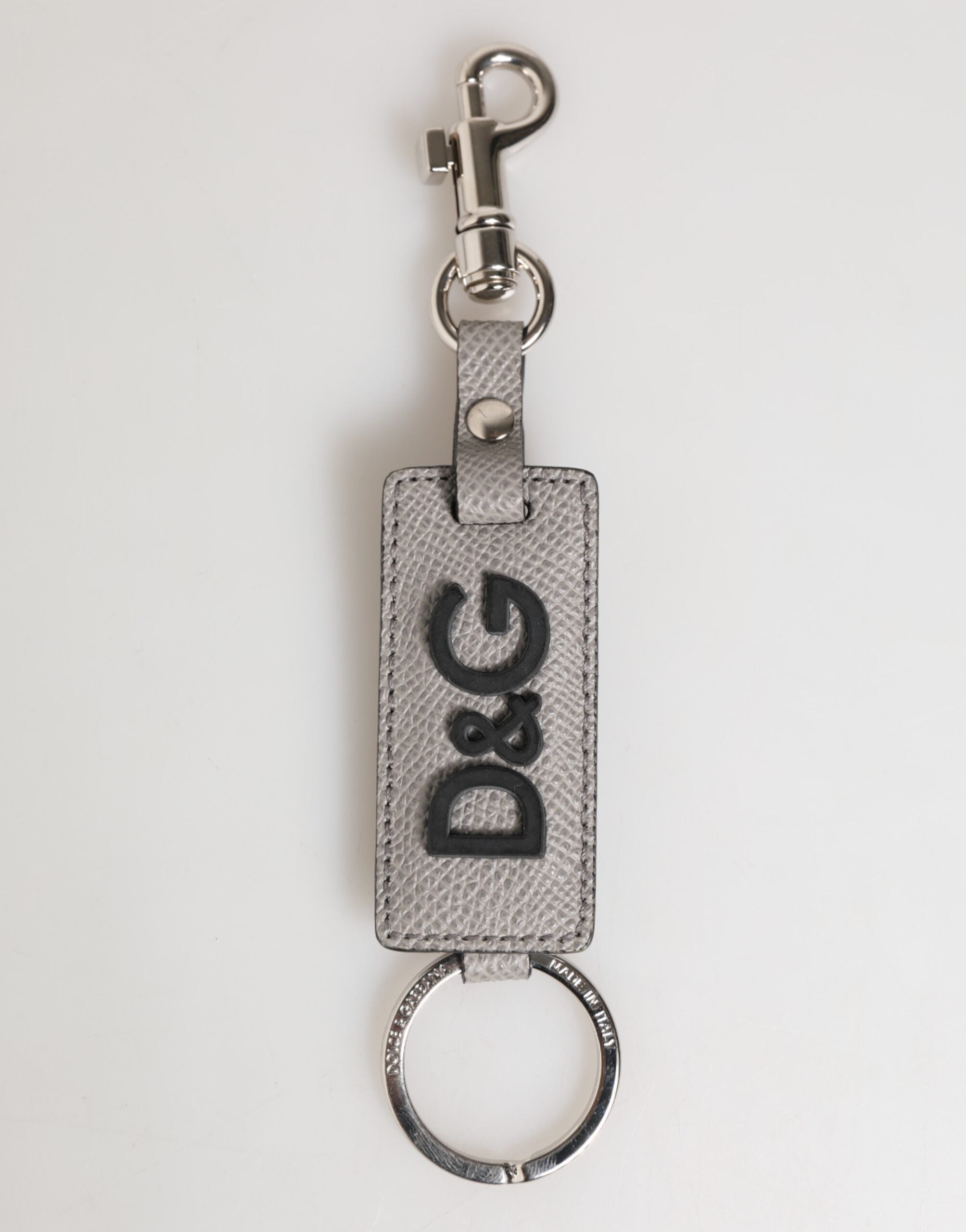 Dolce & Gabbana Grey Leather Logo Metal Ring Keychain Holder Men's Keyring