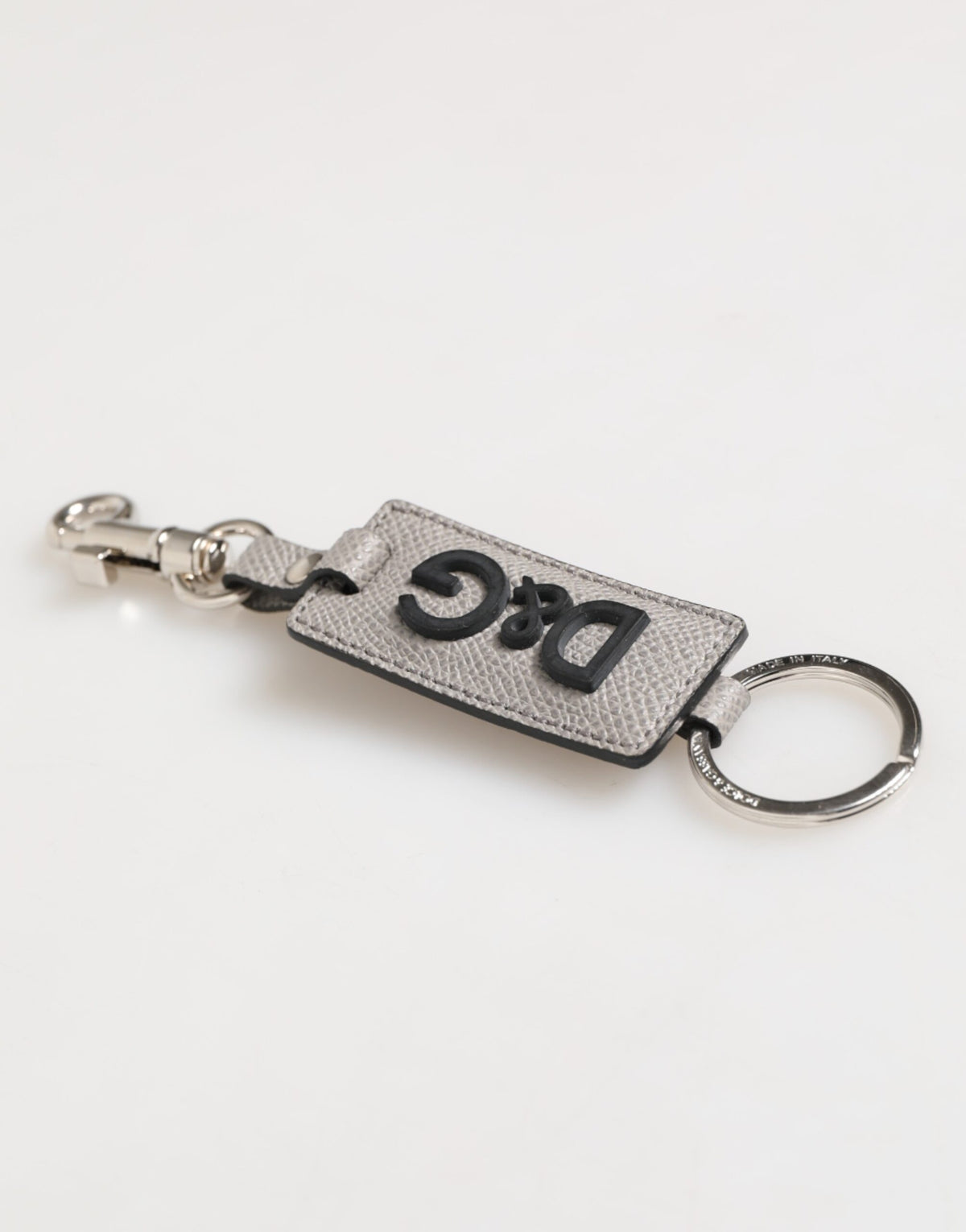 Dolce & Gabbana Gray Leather Logo Metal Ring Keychain Holder Men's Keyring