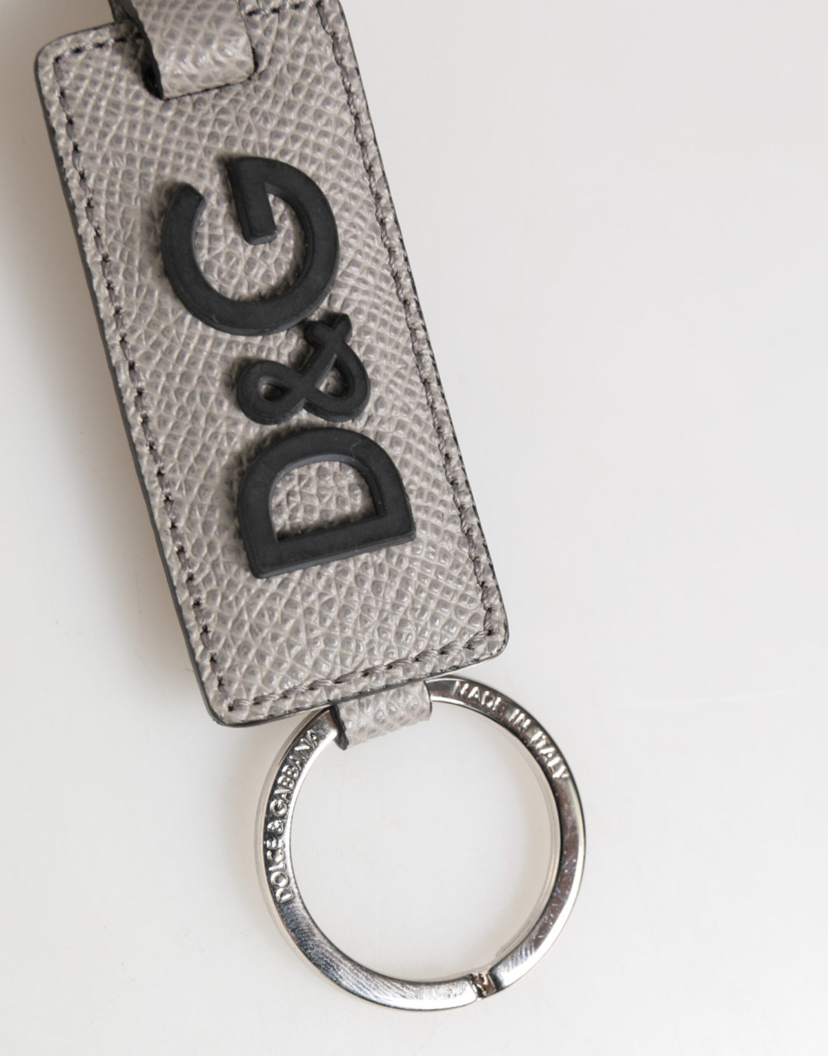 Dolce & Gabbana Gray Leather Logo Metal Ring Keychain Holder Men's Keyring