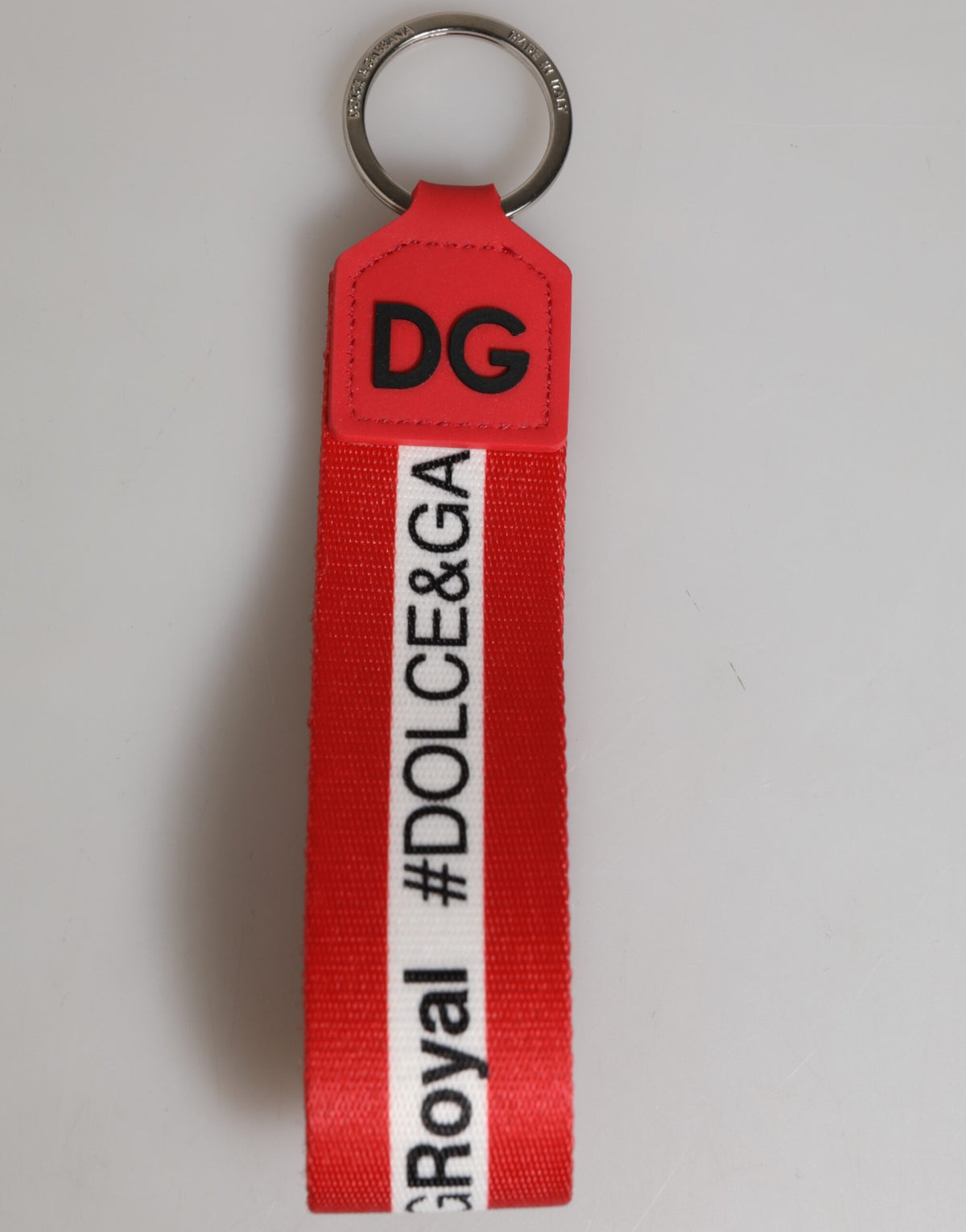 Dolce & Gabbana polyester keychain with red logo, silver brass holder