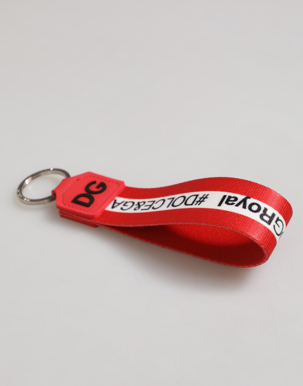 Dolce & Gabbana polyester keychain with red logo, silver brass holder
