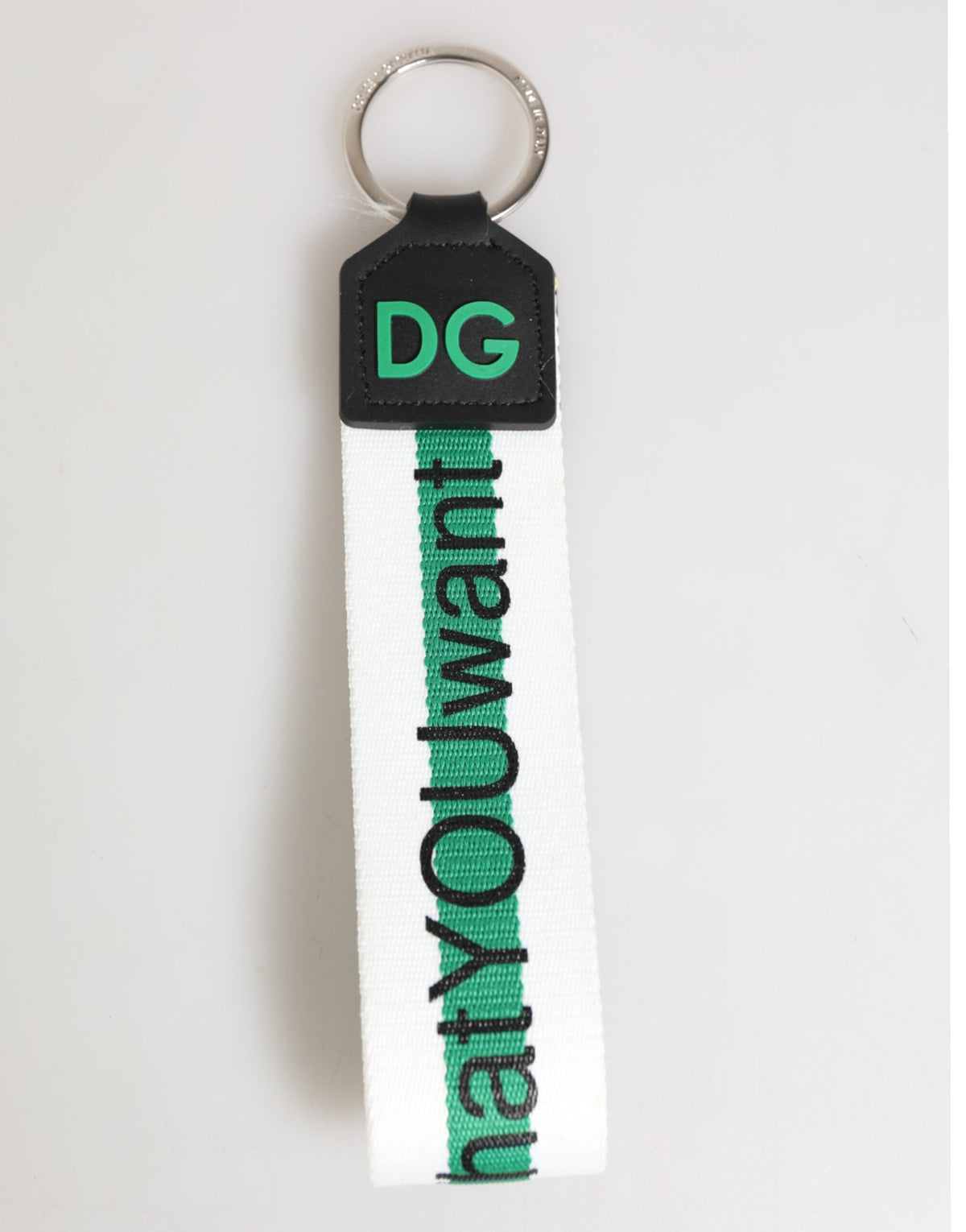 Dolce & Gabbana Green Logo Polyester Silver Brass Holder Keychain Key Ring