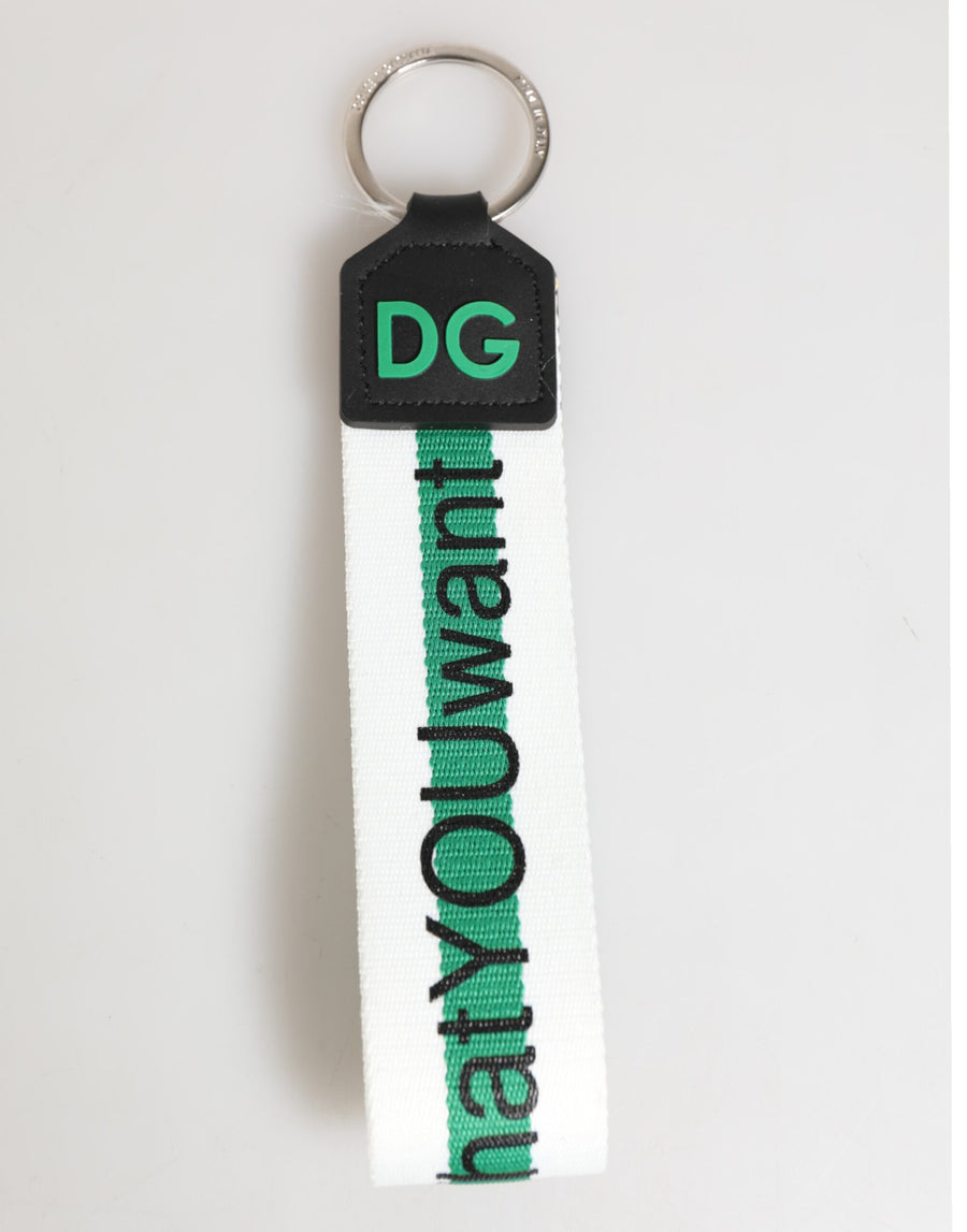 Dolce & Gabbana Green Logo Polyester Silver Brass Holder Keychain Key Ring