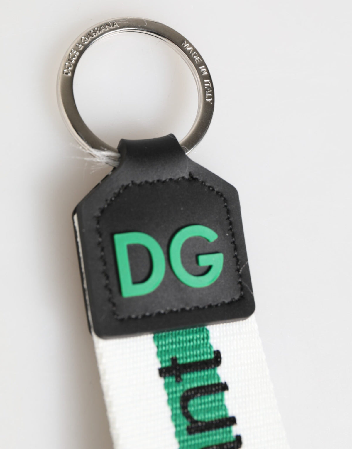 Dolce & Gabbana Green Logo Polyester Silver Brass Holder Keychain Key Ring