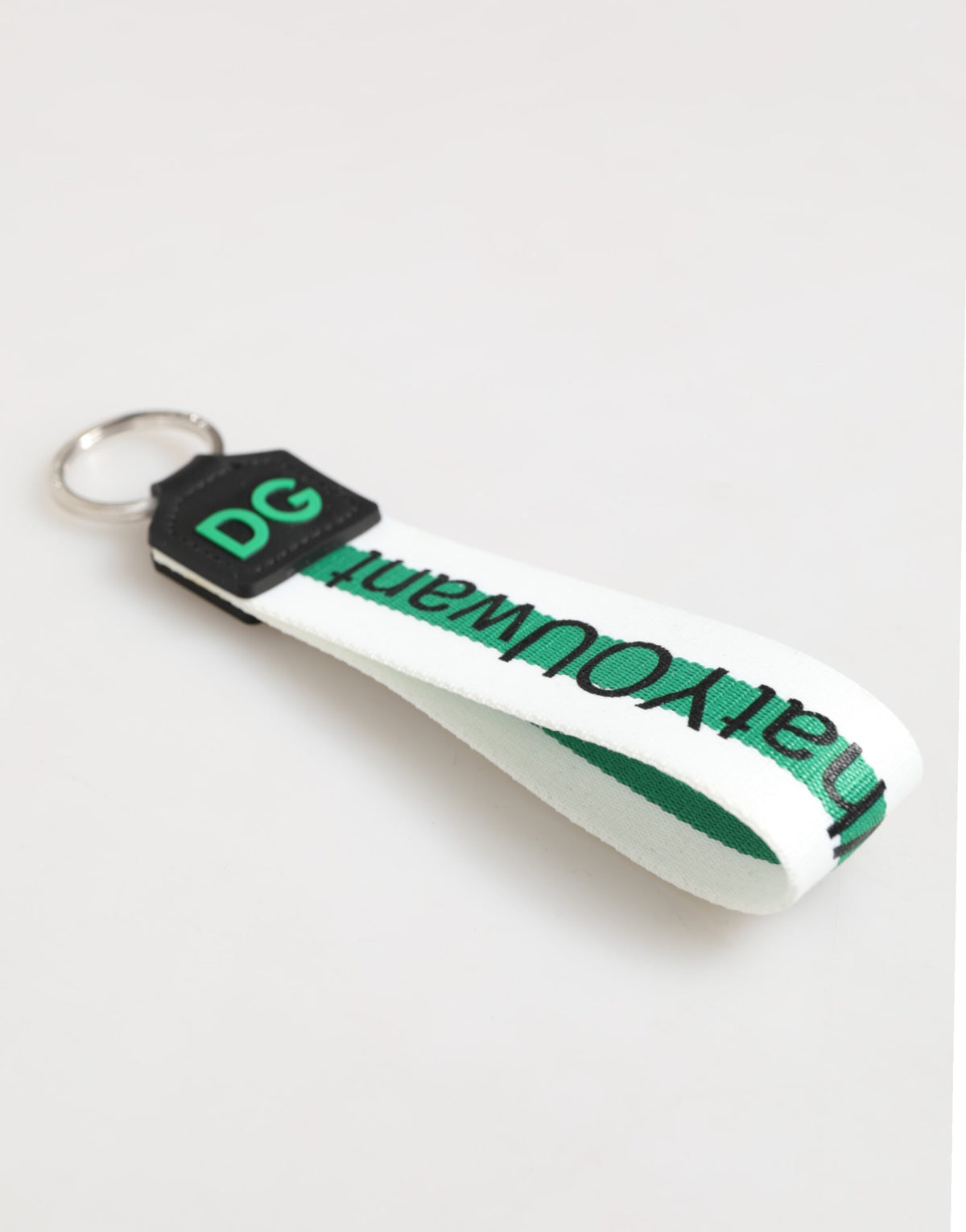 Dolce & Gabbana Green Logo Polyester Silver Brass Holder Keychain Key Ring