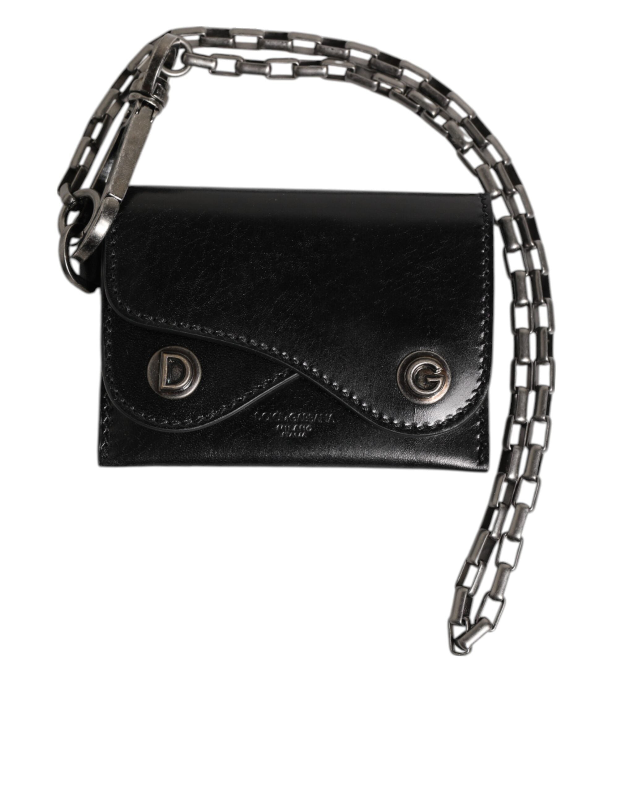 Dolce & Gabbana Schwarzes Cavallo Leder Portemonnaie Kette Druckknopf Zweifach gefalteter Kartenhalter