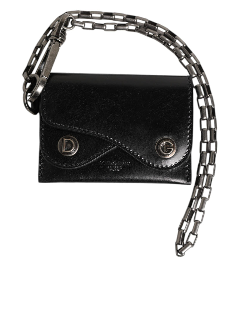 Dolce & Gabbana Schwarzes Cavallo Leder Portemonnaie Kette Druckknopf Zweifach gefalteter Kartenhalter