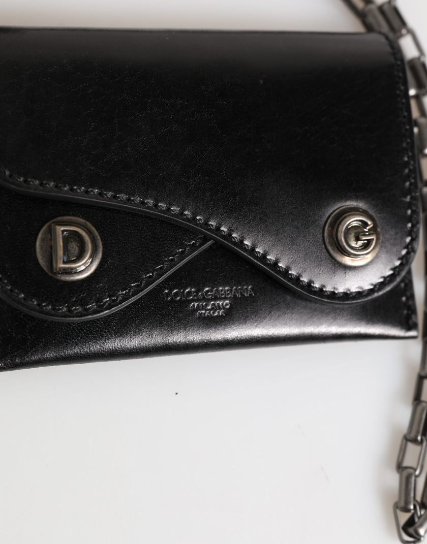 Dolce & Gabbana Schwarzes Cavallo Leder Portemonnaie Kette Druckknopf Zweifach gefalteter Kartenhalter