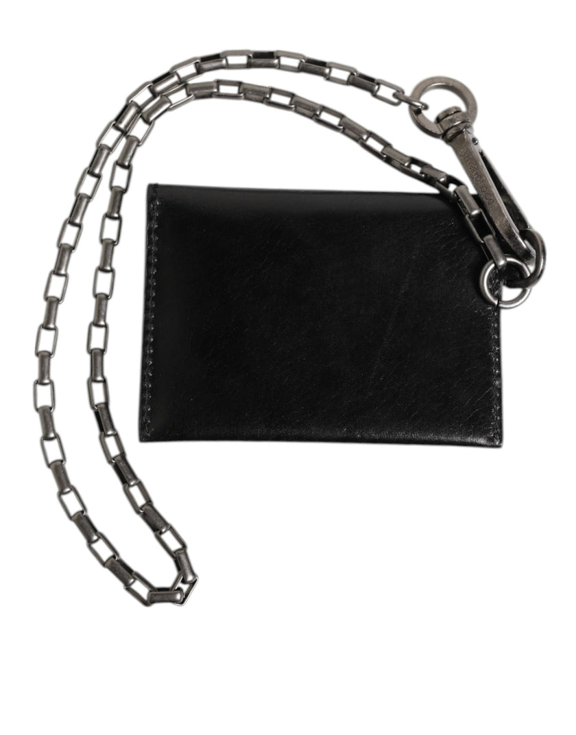 Dolce & Gabbana Schwarzes Cavallo Leder Portemonnaie Kette Druckknopf Zweifach gefalteter Kartenhalter