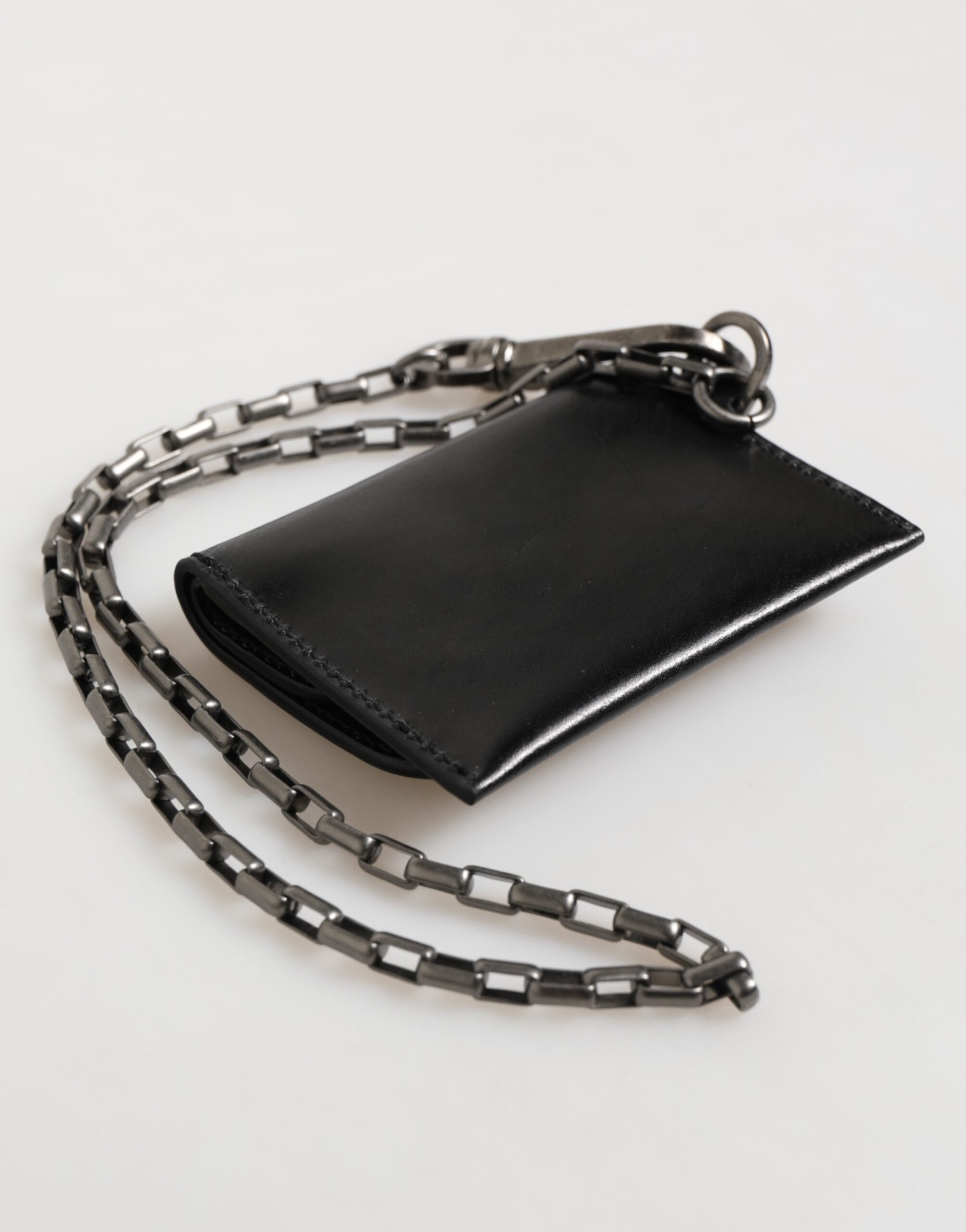 Dolce & Gabbana Schwarzes Cavallo Leder Portemonnaie Kette Druckknopf Zweifach gefalteter Kartenhalter