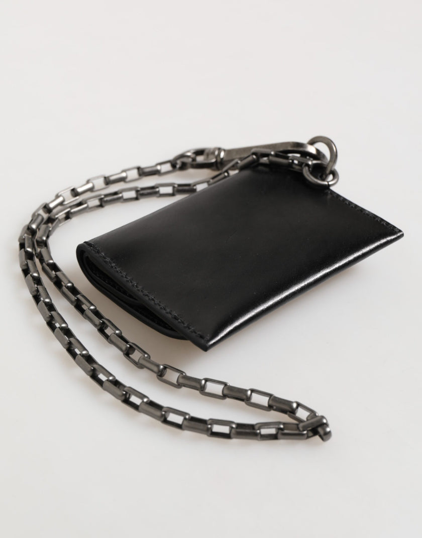 Dolce & Gabbana Schwarzes Cavallo Leder Portemonnaie Kette Druckknopf Zweifach gefalteter Kartenhalter