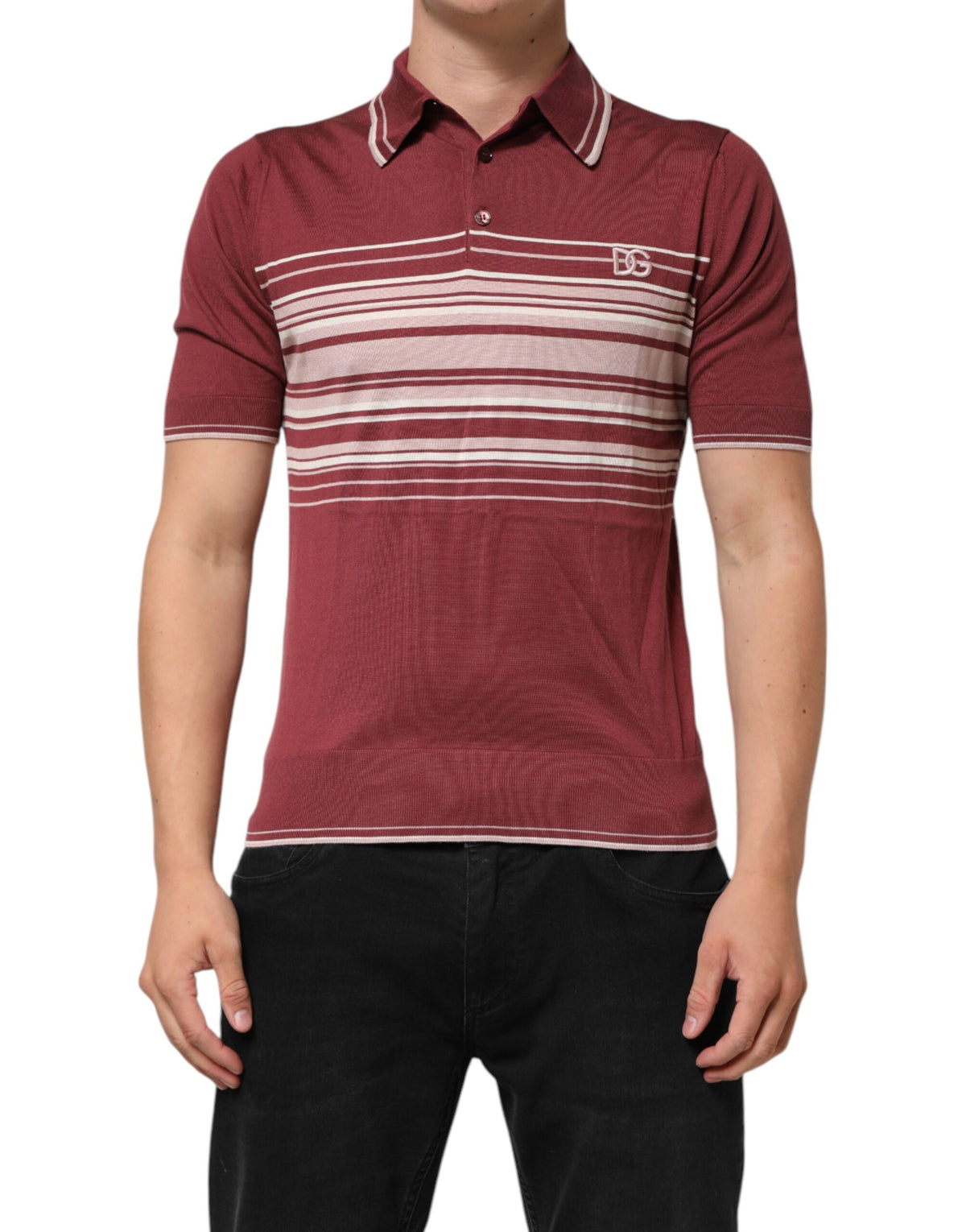 Dolce & Gabbana Burgundy Striped Cotton DG Logo Polo T-Shirt