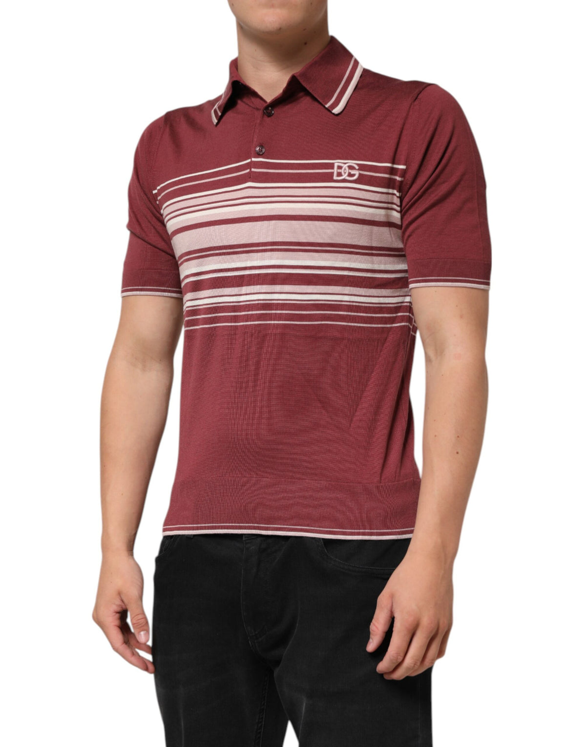 Dolce & Gabbana Burgundy Striped Cotton DG Logo Polo T-Shirt