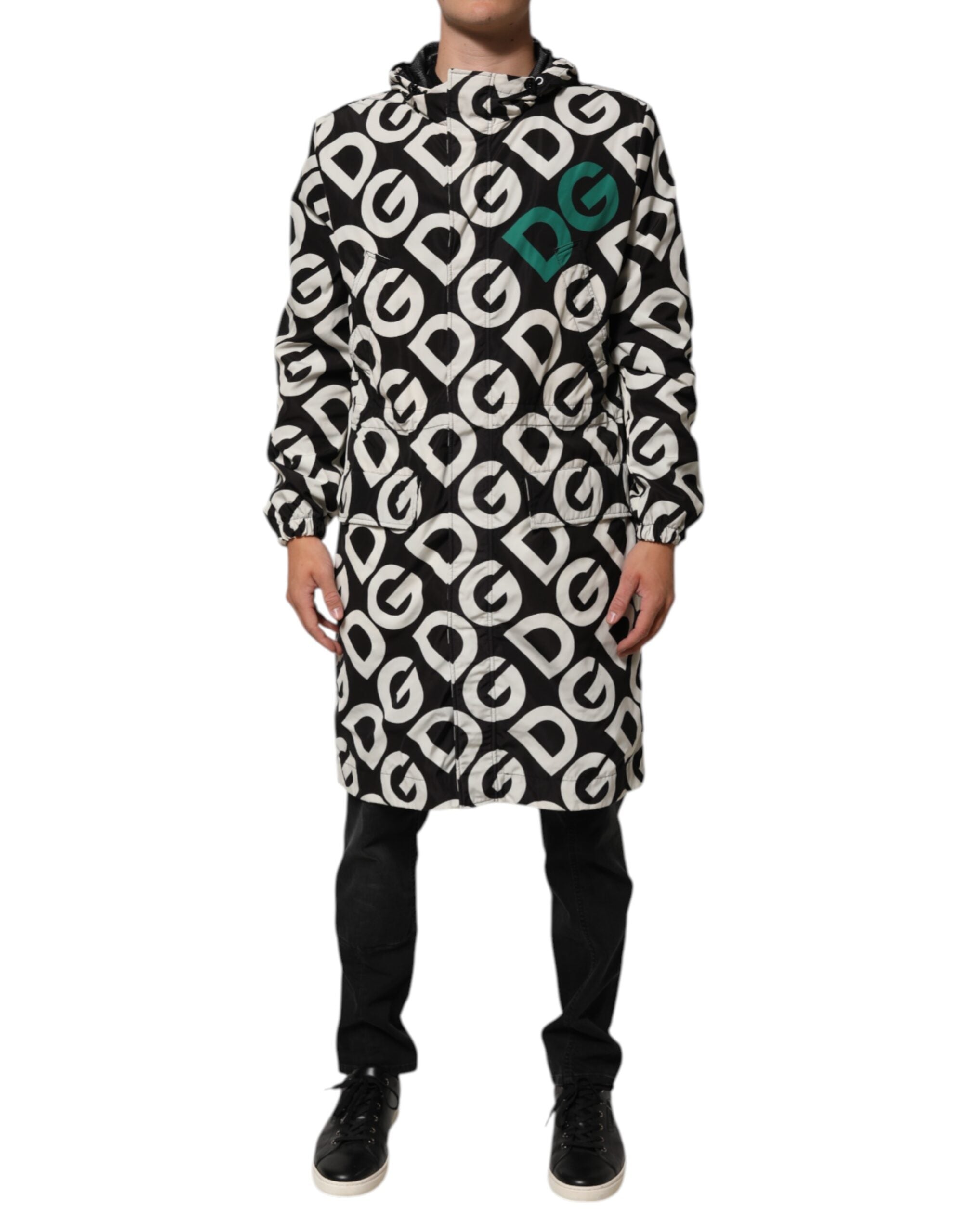 Dolce & Gabbana Schwarzer Weißer Logo Print Mantel mit Kapuze Herren Jacke