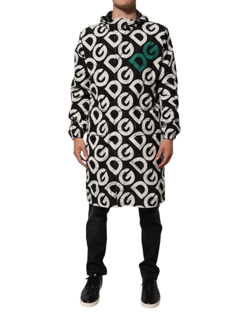 Dolce & Gabbana Schwarzer Weißer Logo Print Mantel mit Kapuze Herren Jacke