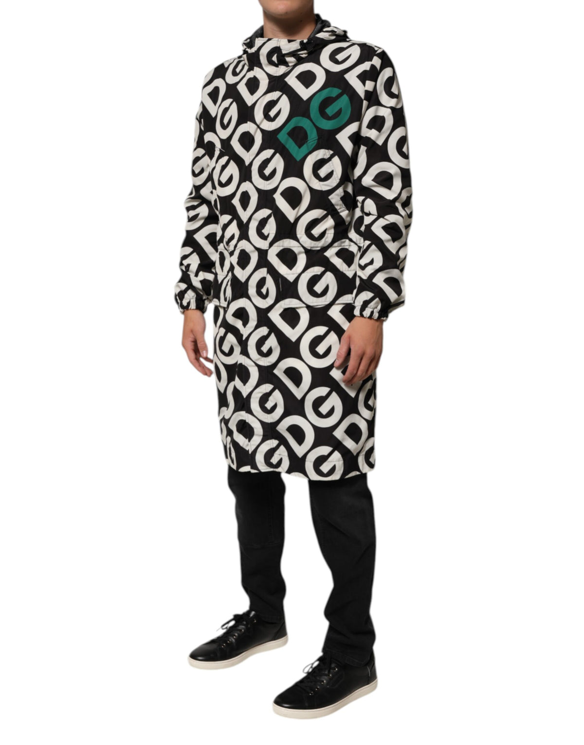 Dolce & Gabbana Black White Logo Print Hooded Coat Men's Jacket