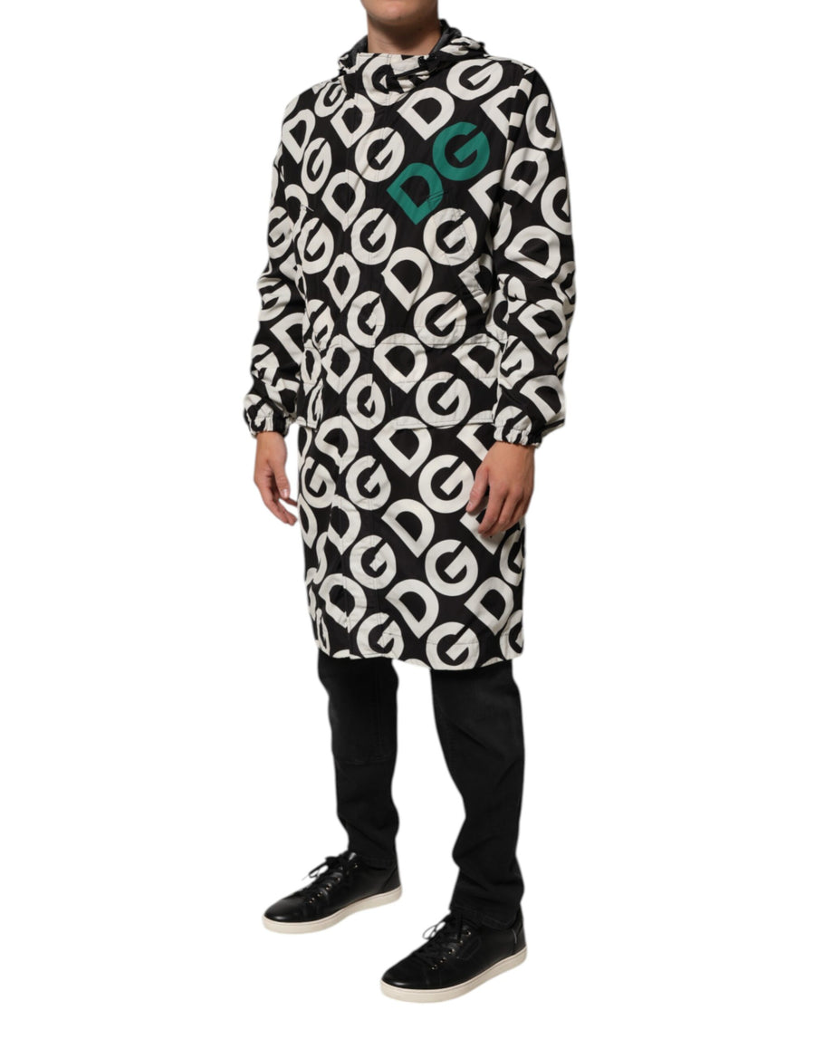 Dolce & Gabbana Black White Logo Print Hooded Coat Men's Jacket