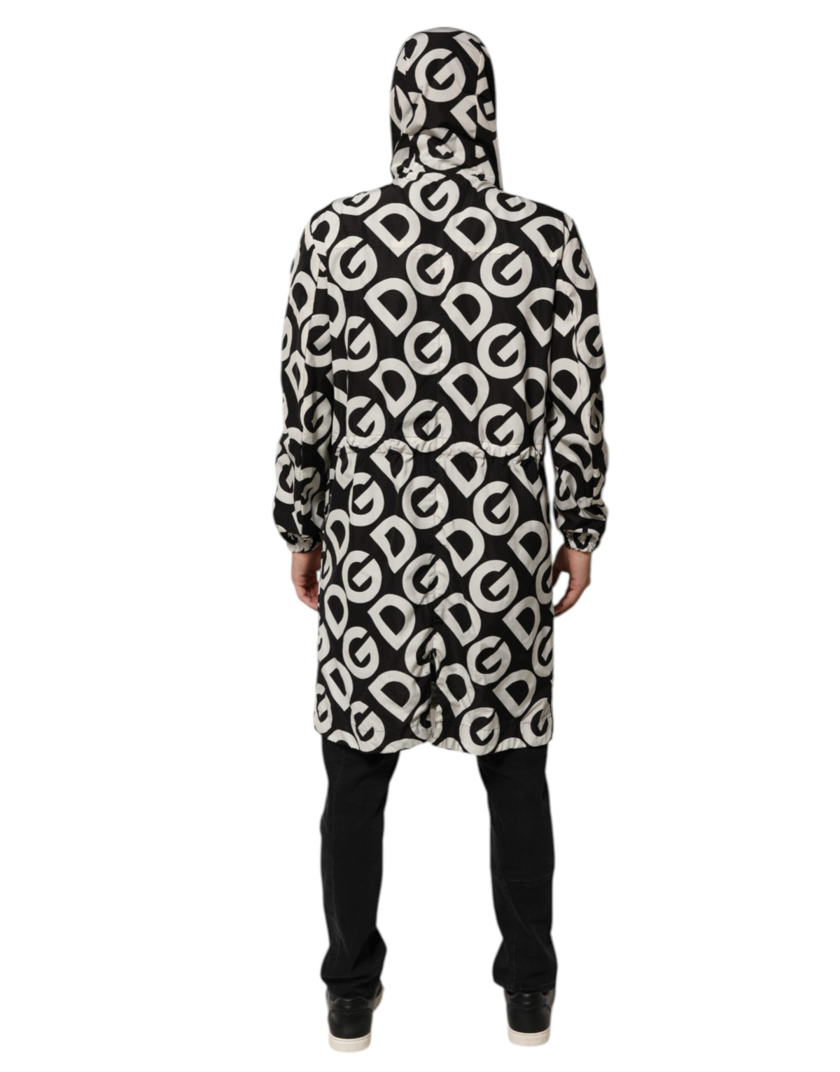 Dolce & Gabbana Black White Logo Print Hooded Coat Men's Jacket