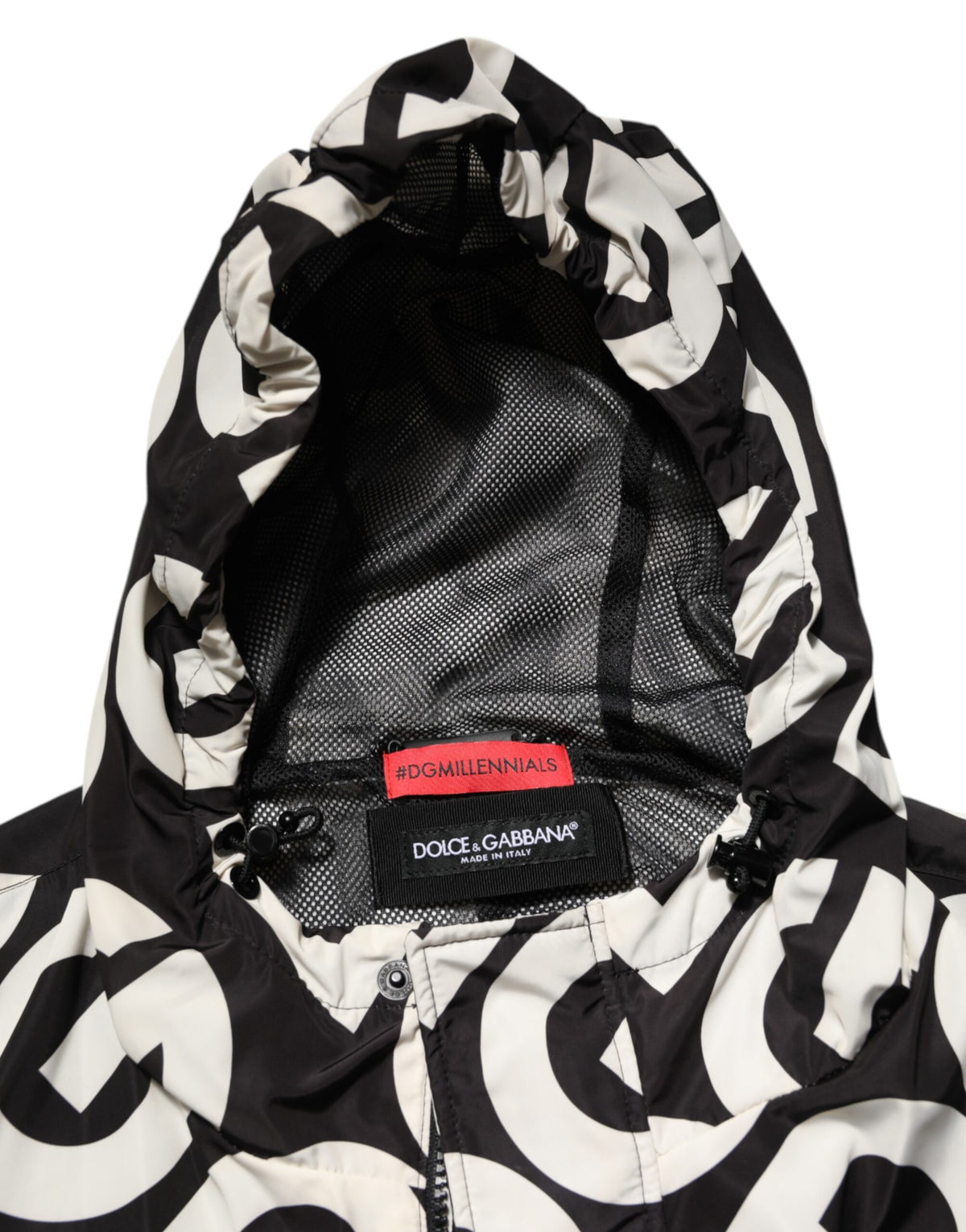 Dolce & Gabbana Black White Logo Print Hooded Coat Men's Jacket