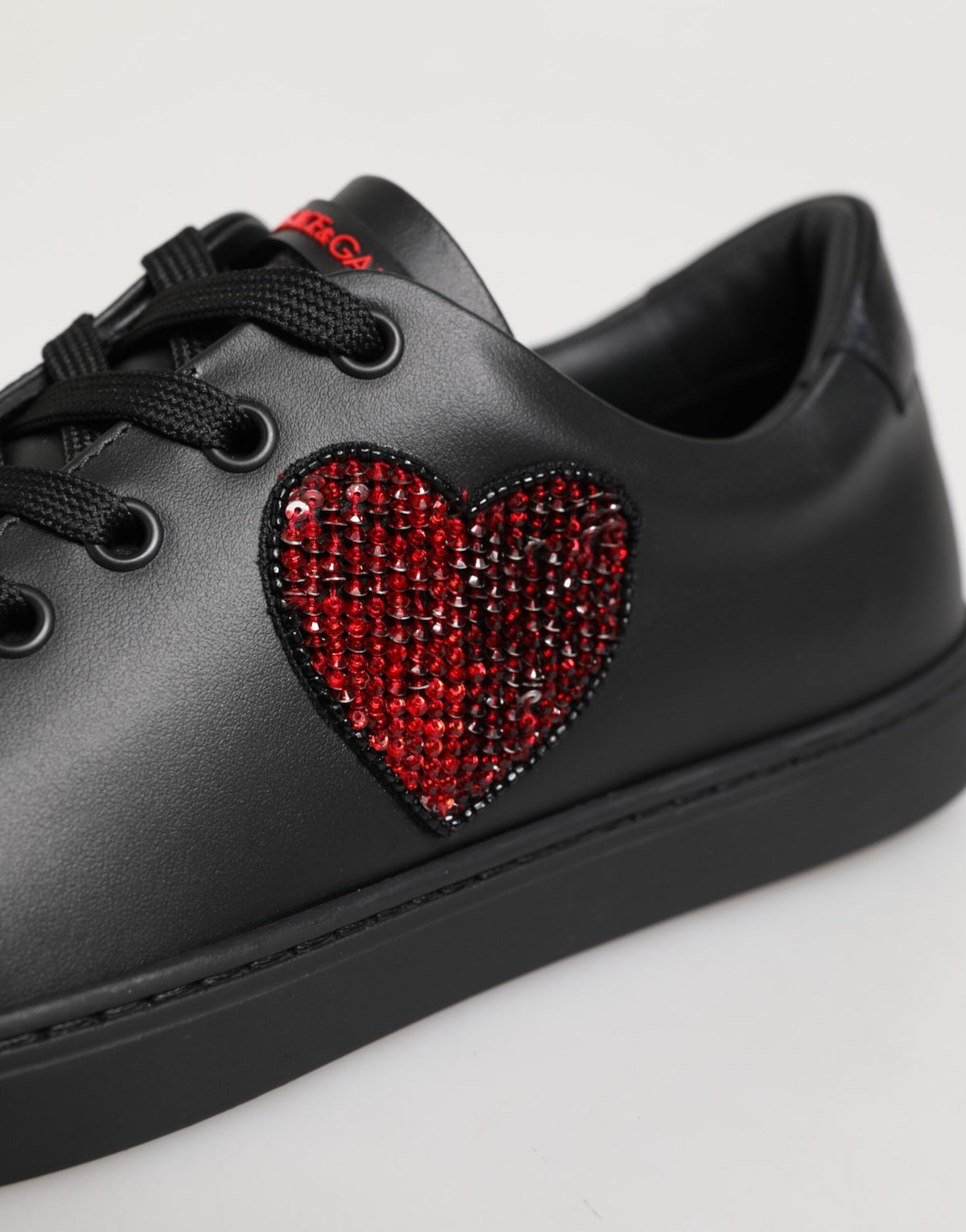 Dolce & Gabbana Black Leather Crystal Heart Low Top Sneakers Shoes