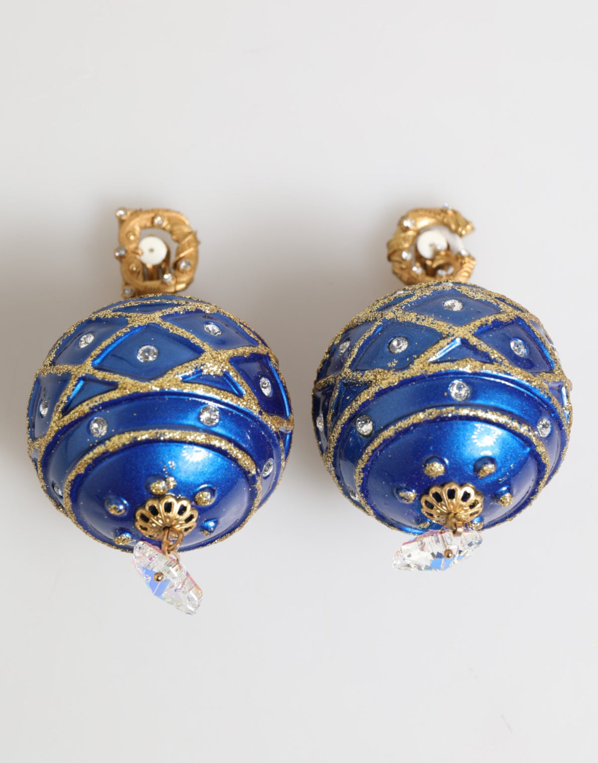 Dolce & Gabbana Gold Brass Blue Christmas Bauble Crystal Drop Clip-On Earrings