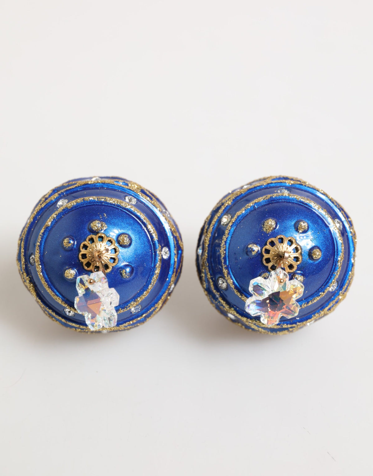 Dolce & Gabbana Gold Brass Blue Christmas Bauble Crystal Drop Clip-On Earrings