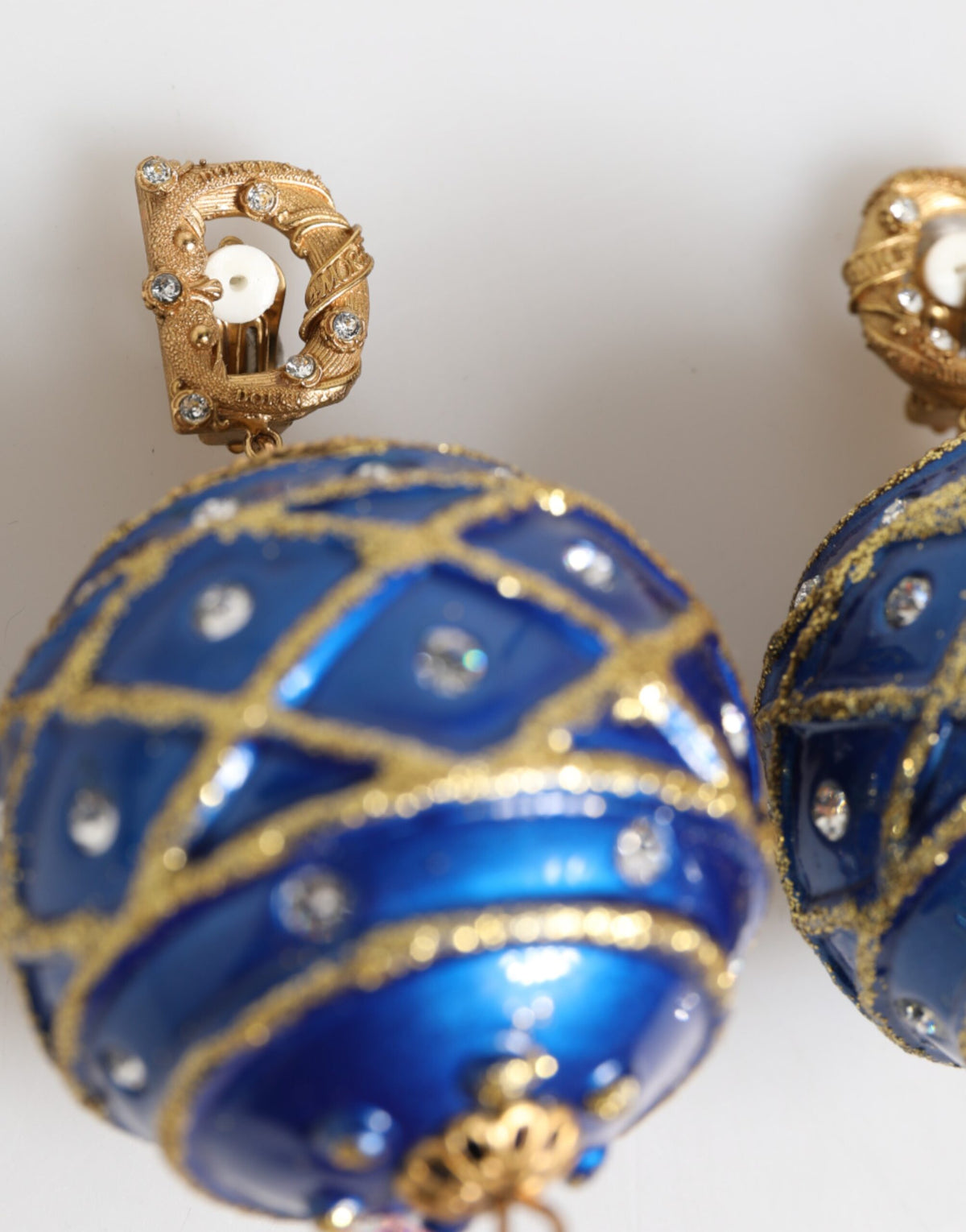 Dolce & Gabbana Gold Brass Blue Christmas Bauble Crystal Drop Clip-On Earrings