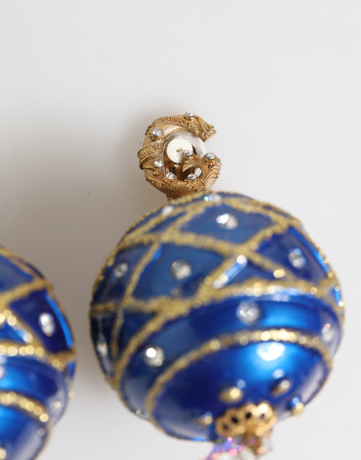 Dolce & Gabbana Gold Brass Blue Christmas Bauble Crystal Drop Clip-On Earrings