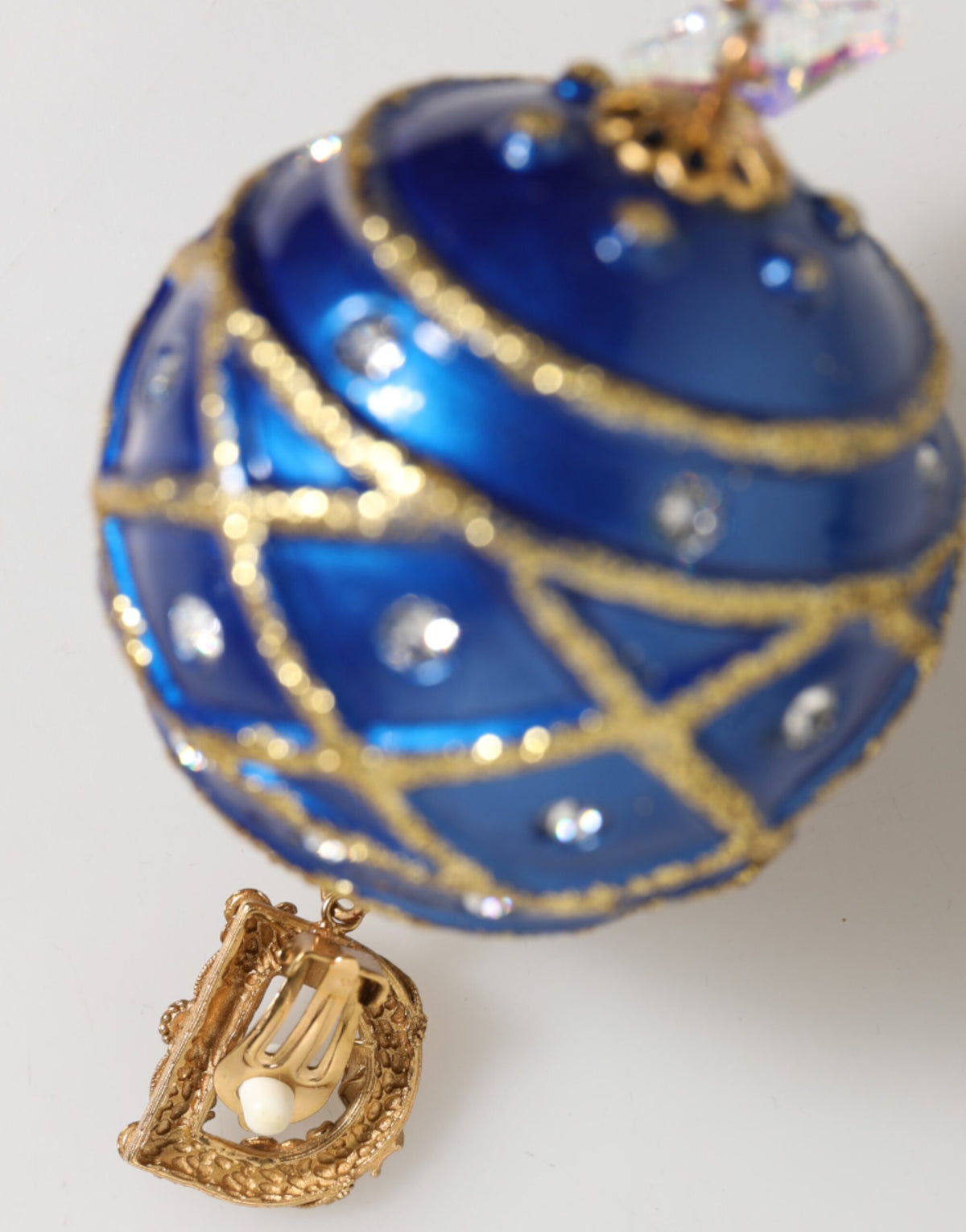 Dolce & Gabbana Gold Brass Blue Christmas Bauble Crystal Drop Clip-On Earrings