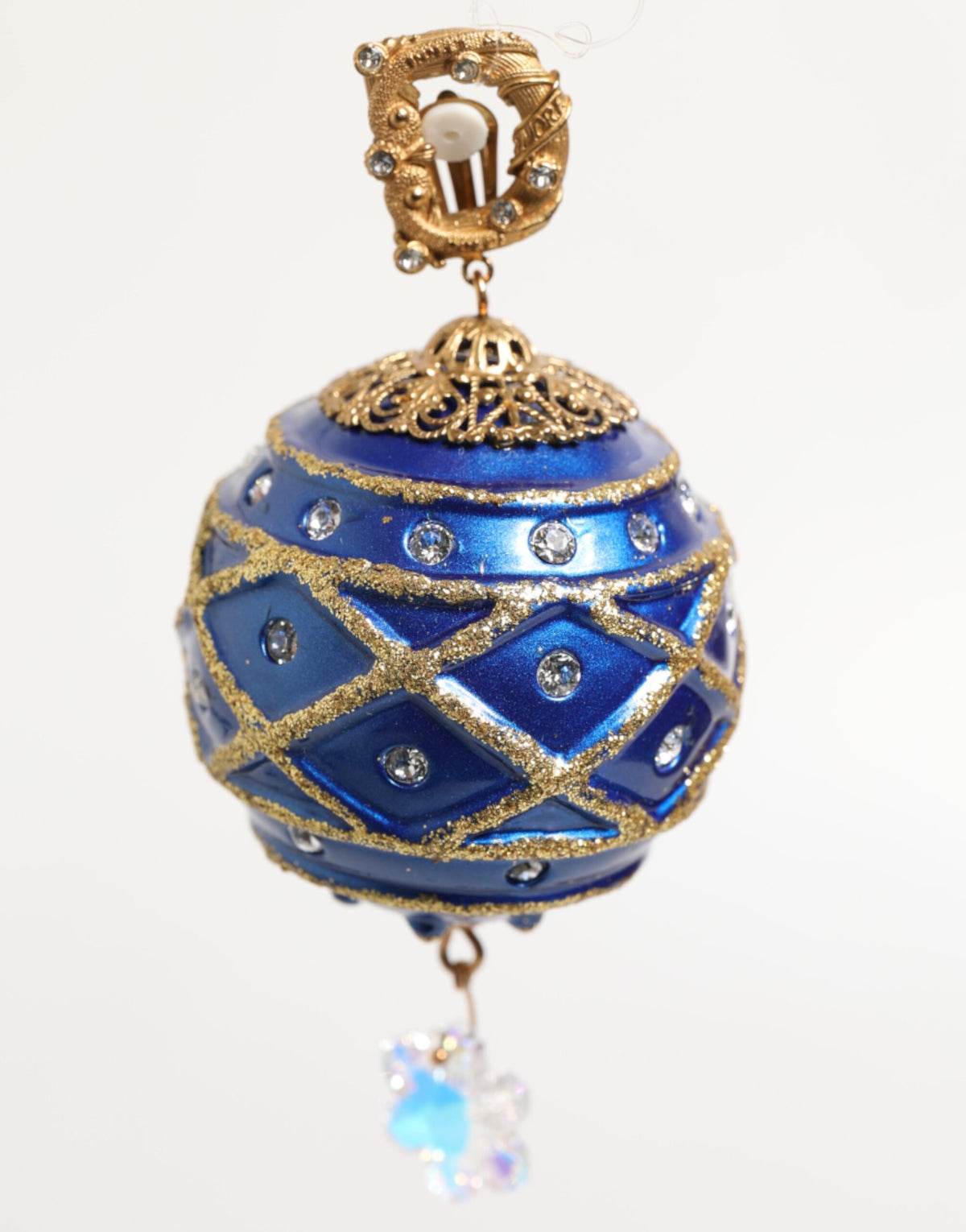 Dolce & Gabbana Gold Brass Blue Christmas Bauble Crystal Drop Clip-On Earrings