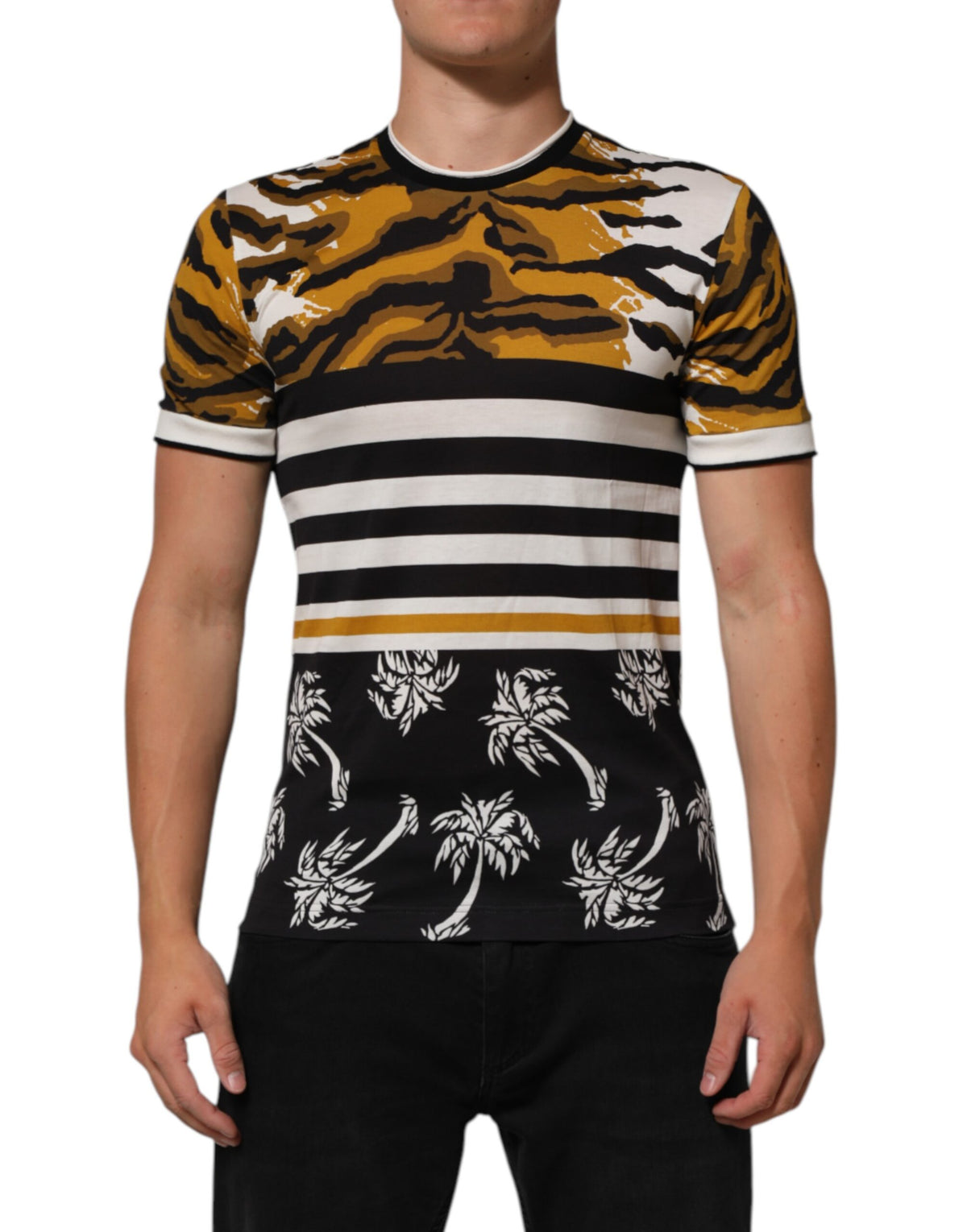 Dolce & Gabbana Multicolor Leopard Palm Leaf Men's Crew Neck T-Shirt