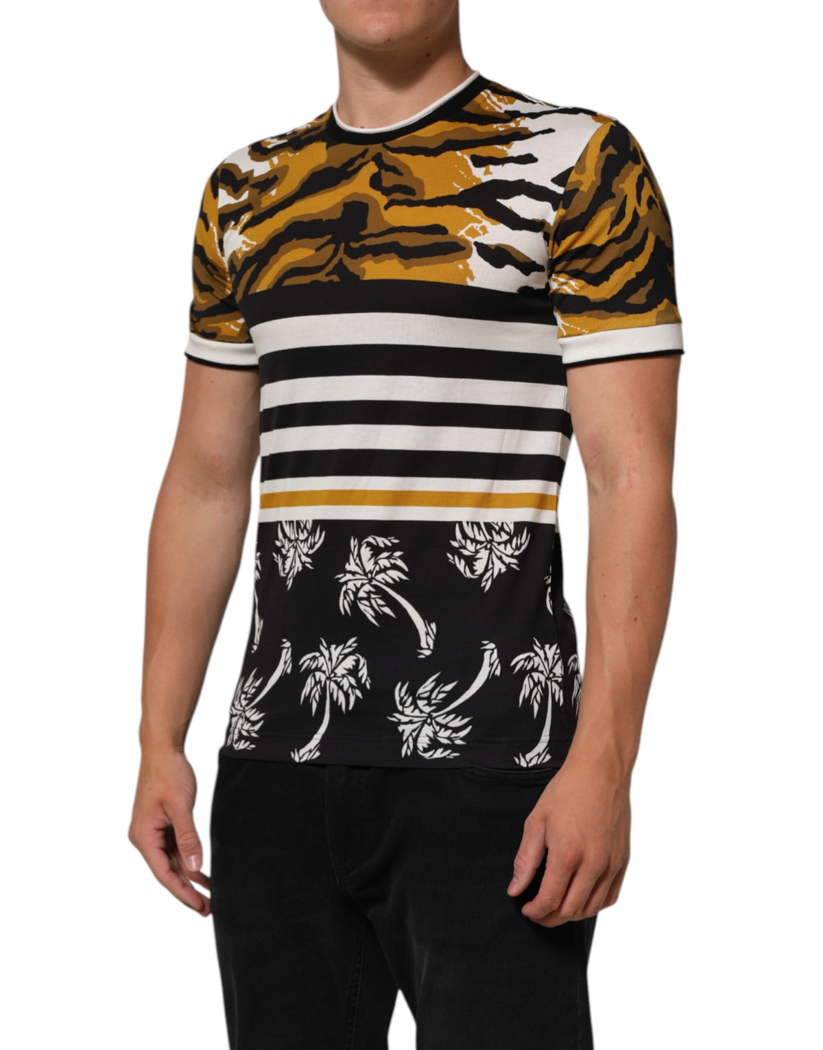 Dolce & Gabbana Multicolor Leopard Palm Leaf Men's Crew Neck T-Shirt